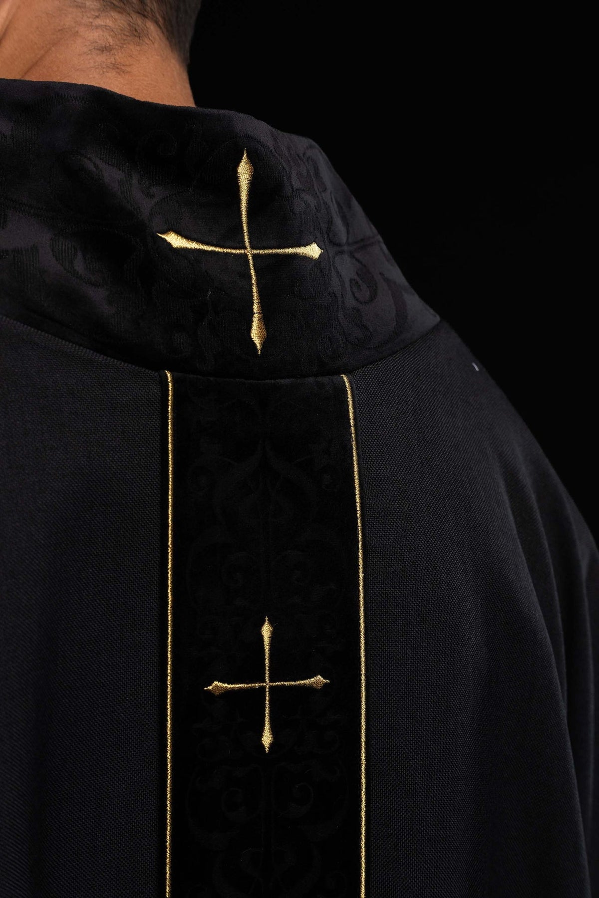 Black Chasuble with Embroidered Orphrey and Cross-Adorned Collar
