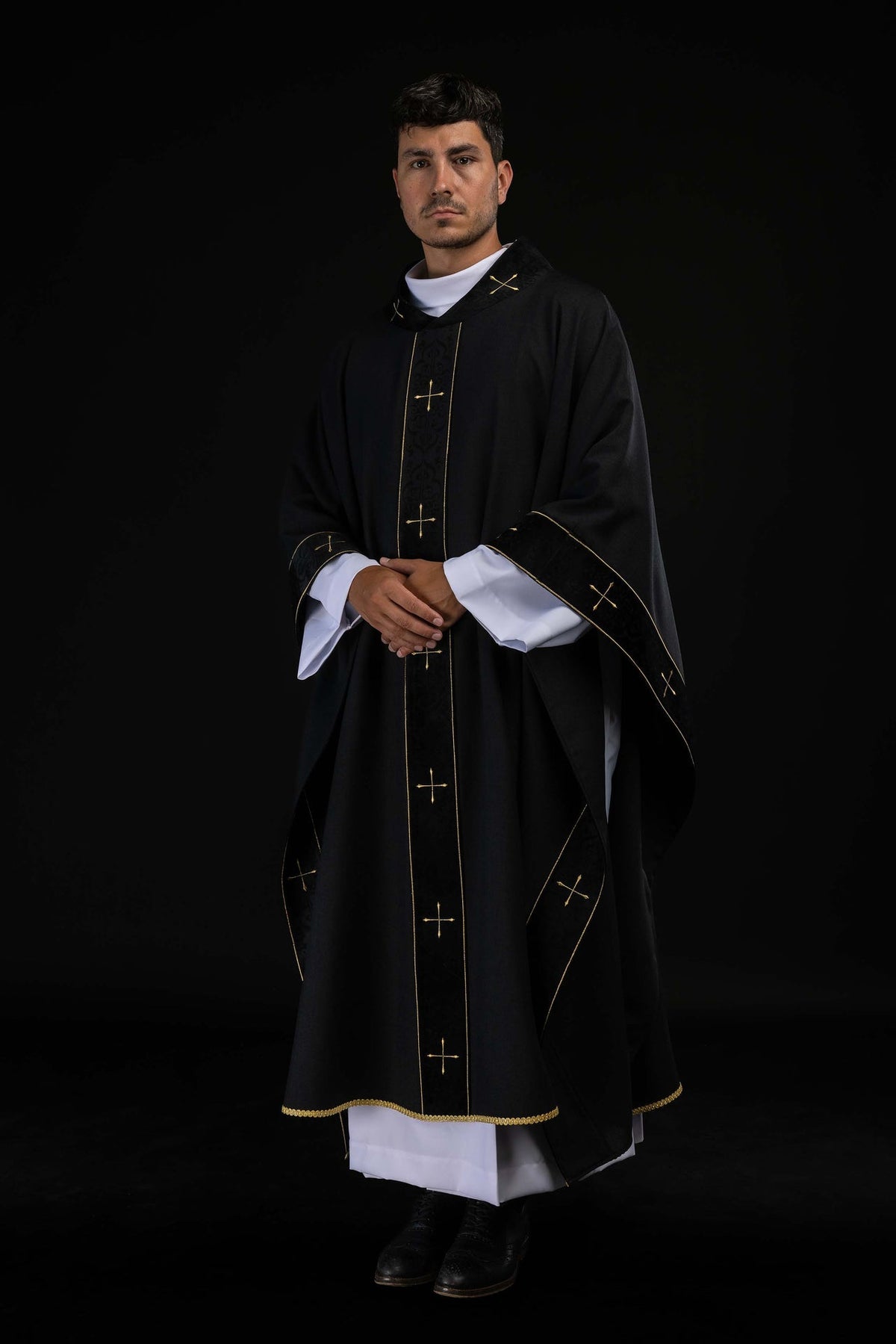 Black Chasuble with Embroidered Orphrey and Cross-Adorned Collar