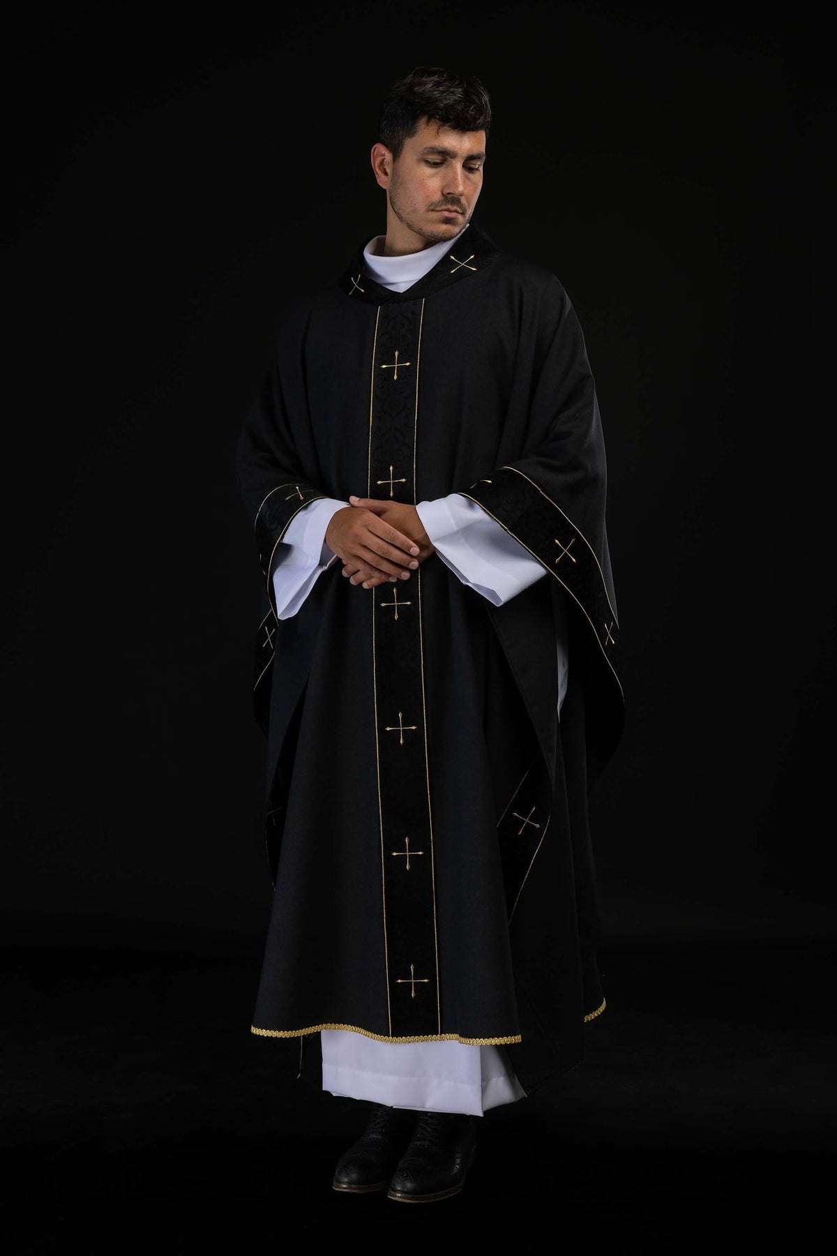 Black Chasuble with Embroidered Orphrey and Cross-Adorned Collar