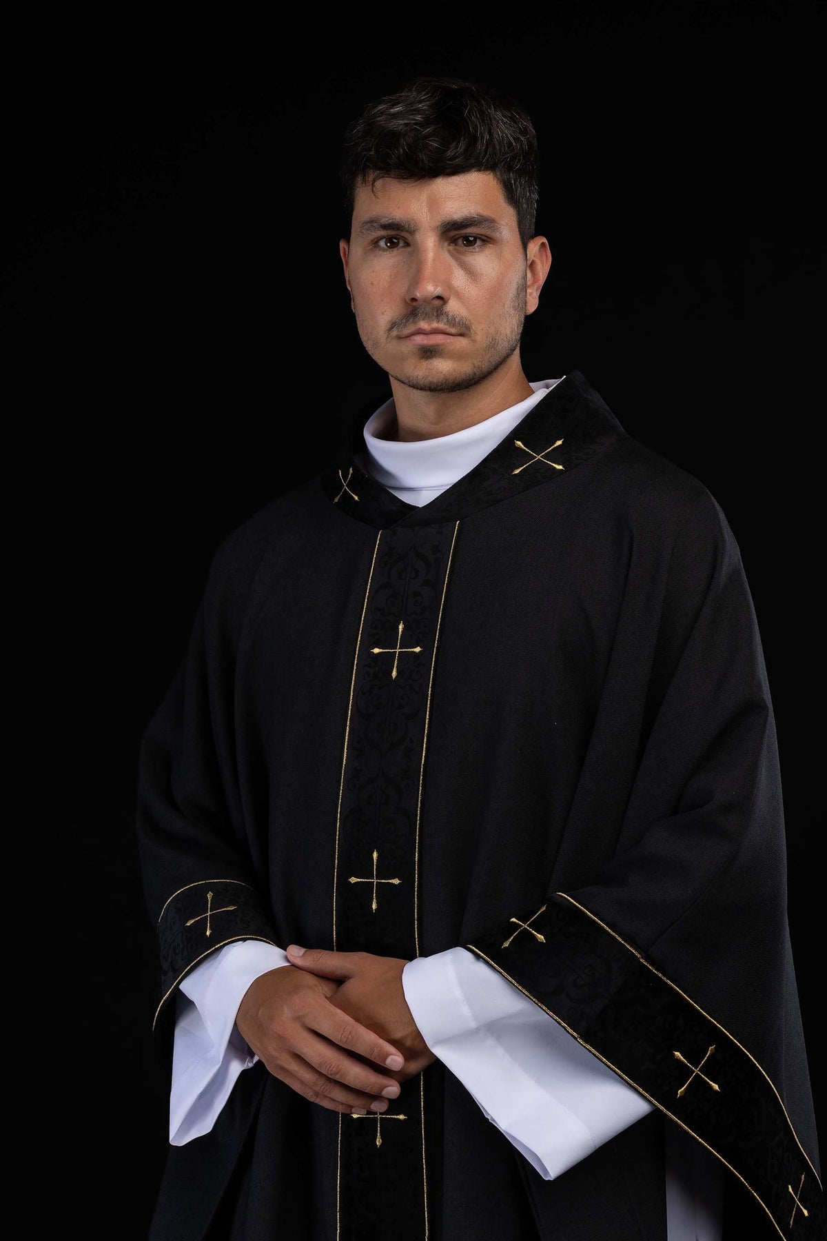 Black Chasuble with Embroidered Orphrey and Cross-Adorned Collar
