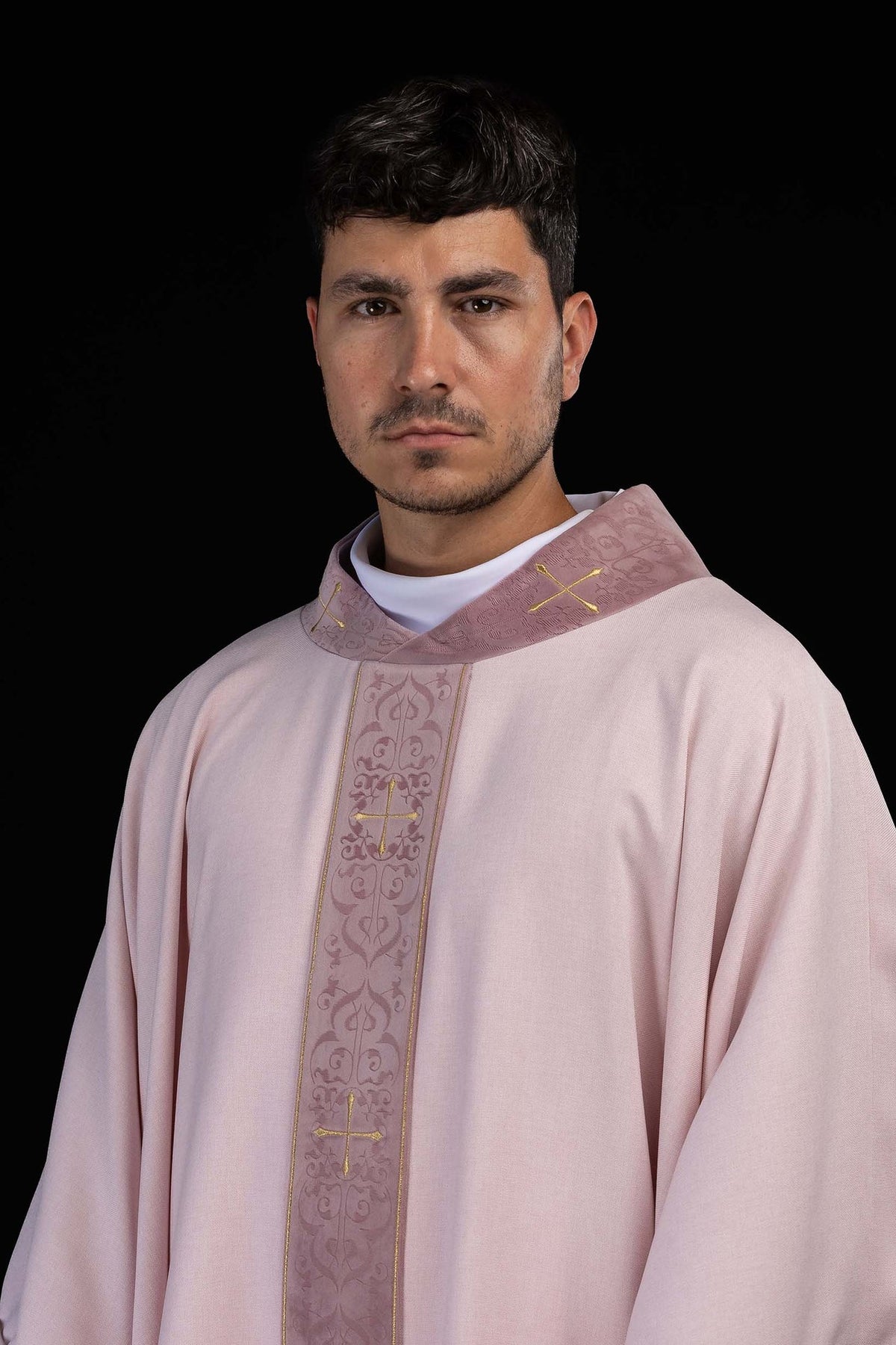 Rose Chasuble with Embroidered Orphrey and Cross-Patterned Collar