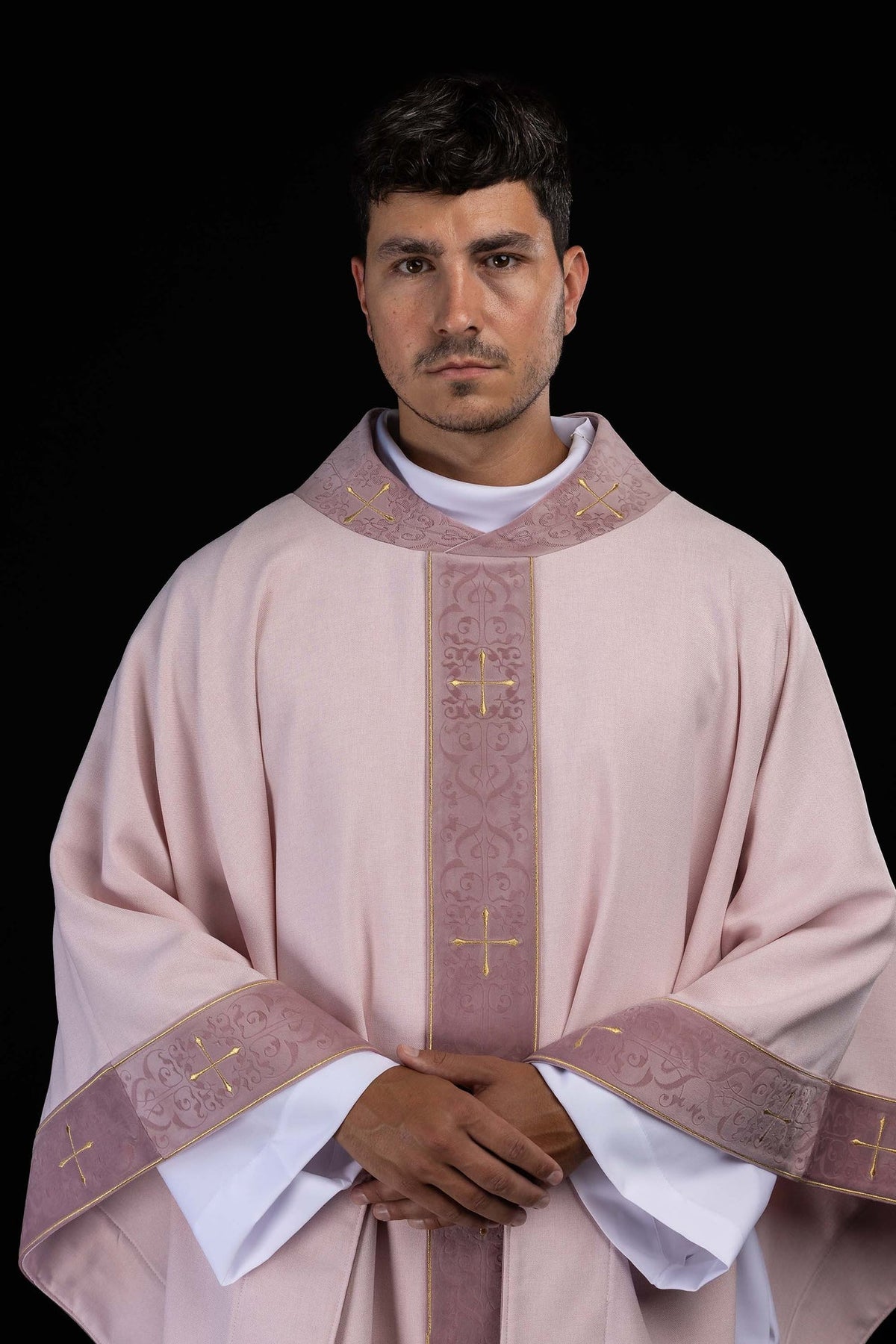 Rose Chasuble with Embroidered Orphrey and Cross-Patterned Collar