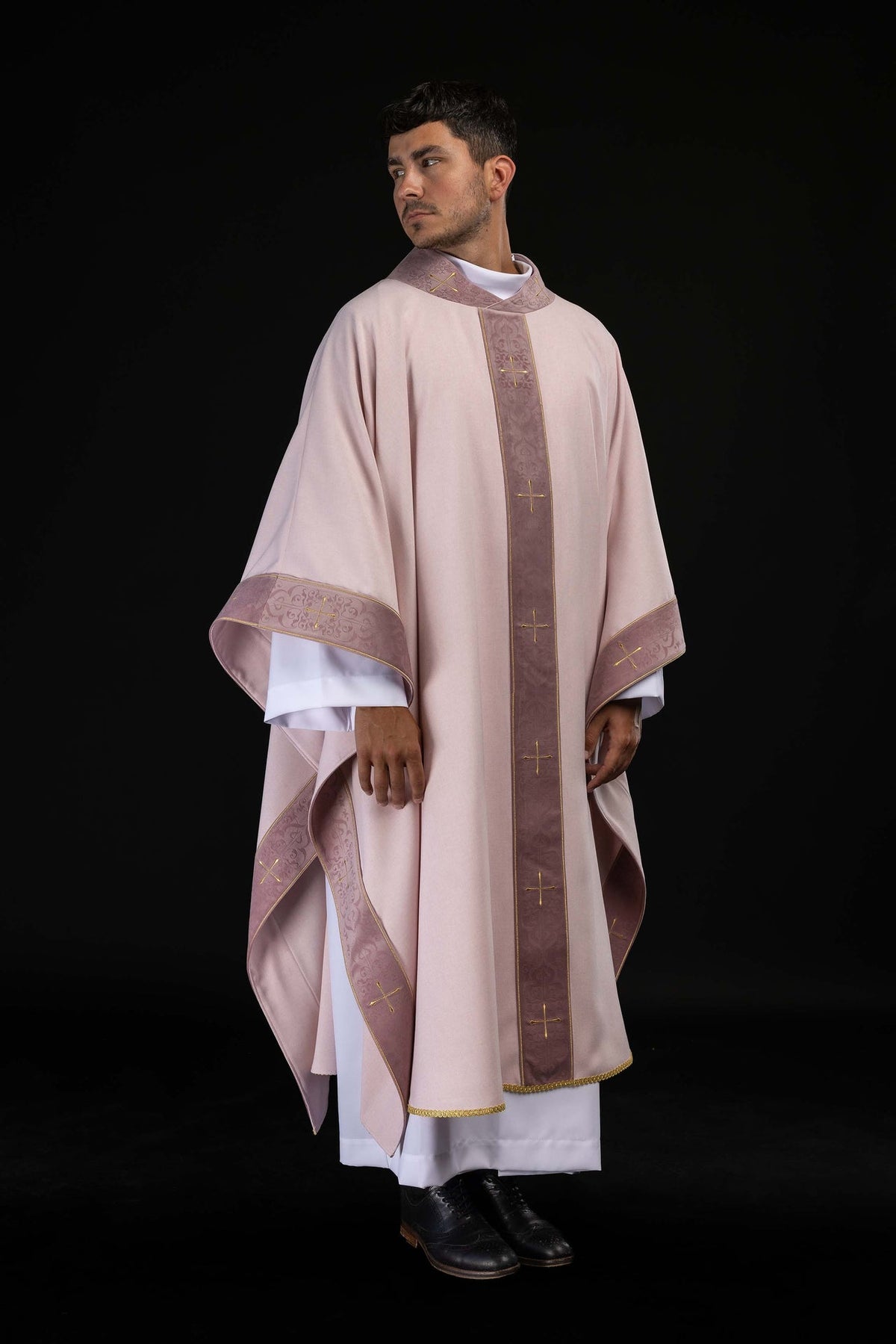 Rose Chasuble with Embroidered Orphrey and Cross-Patterned Collar