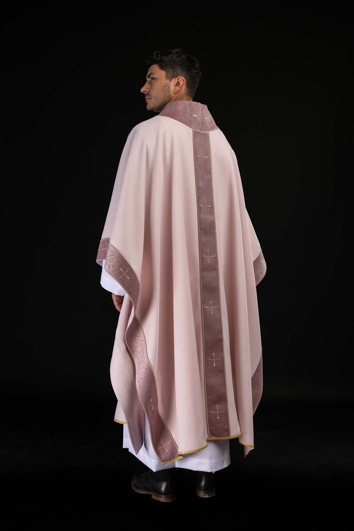 Rose Chasuble with Embroidered Orphrey and Cross-Patterned Collar