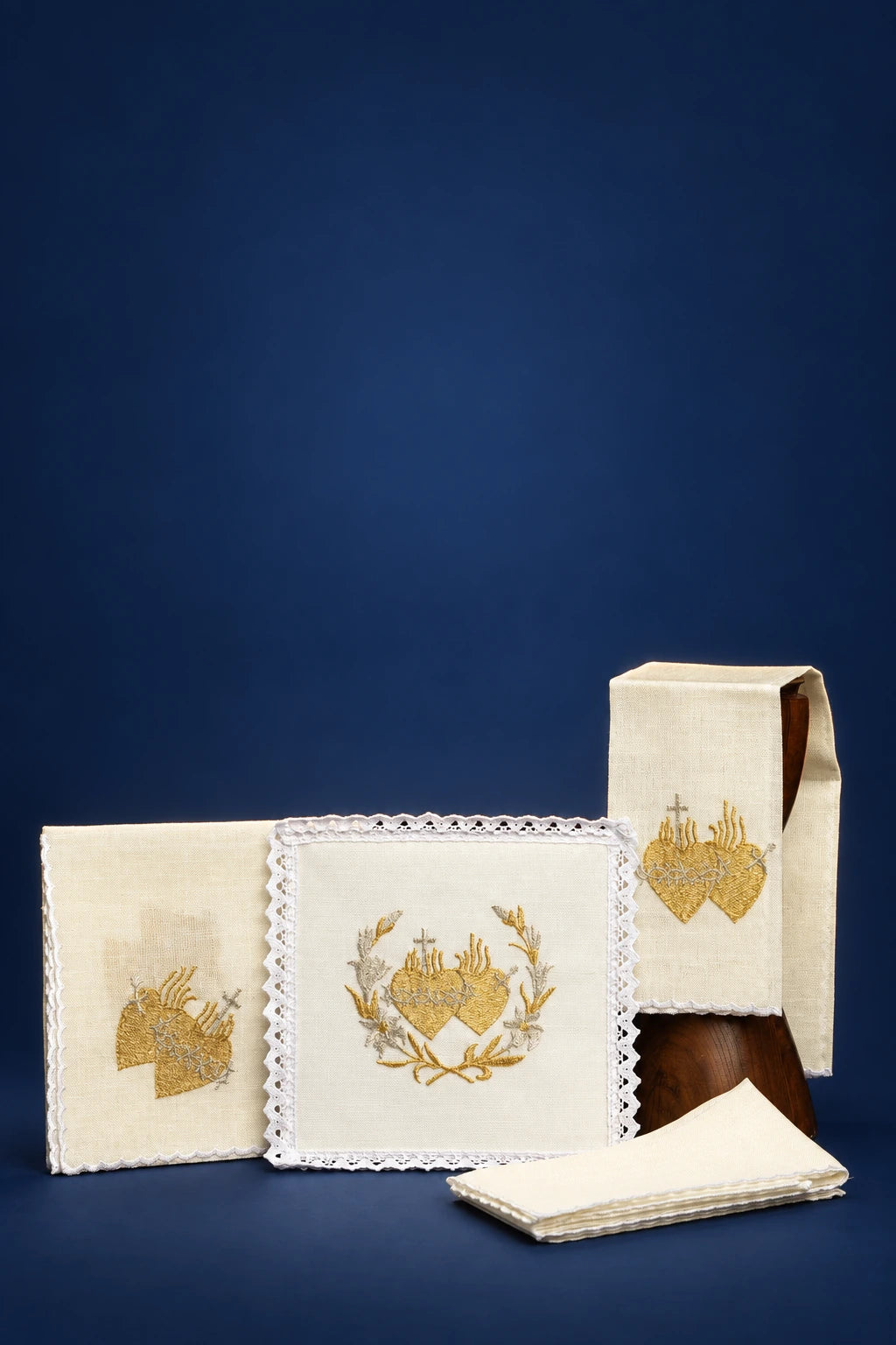 Altar linen set with three embroidered cloths, front view, gold chalice and wheat motifs with lace trim