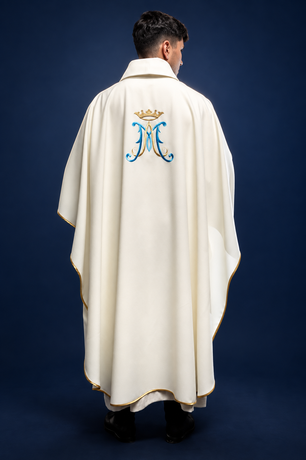 Chasuble in Ecru with Blue and Gold Crowned Marian Monogram and Gold Edging