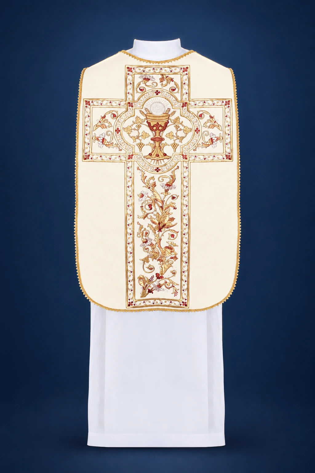 Back view of an ivory Roman chasuble with a cross-shaped embroidered chalice and vine motif and gold edging