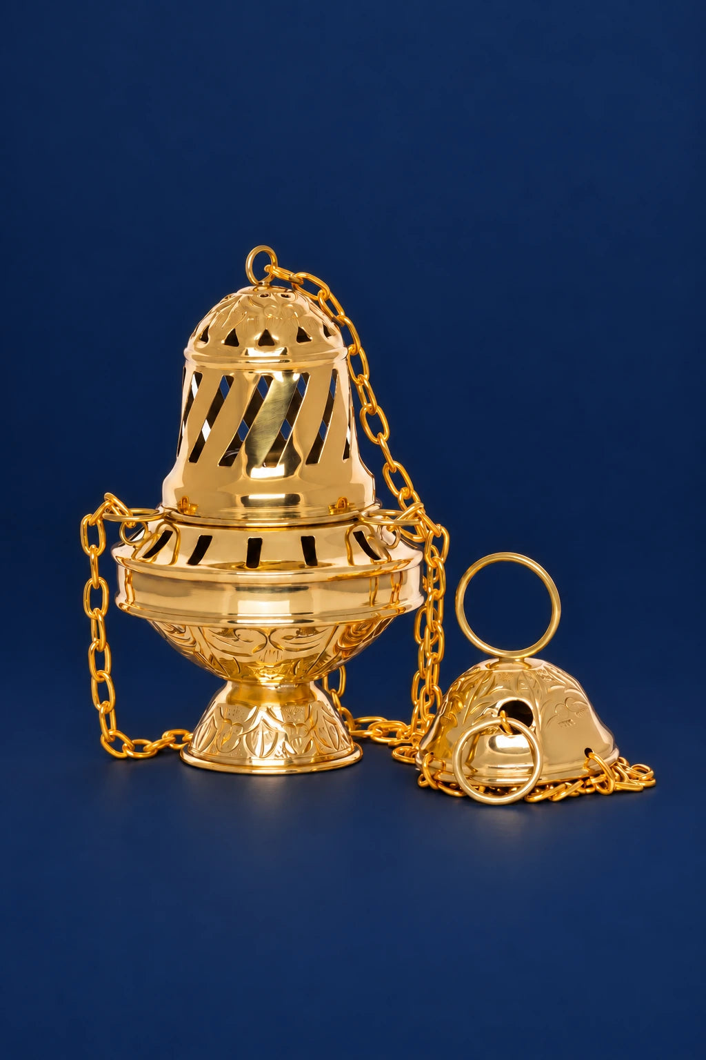 Brass church thurible with chain, front view, Santiago de Compostela motif