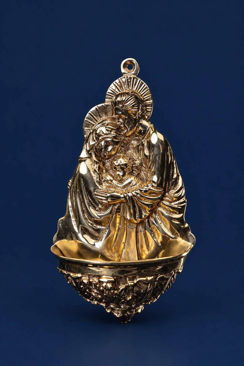 Brass holy water font with Holy Family motif, front view, scalloped basin and hanging loop
