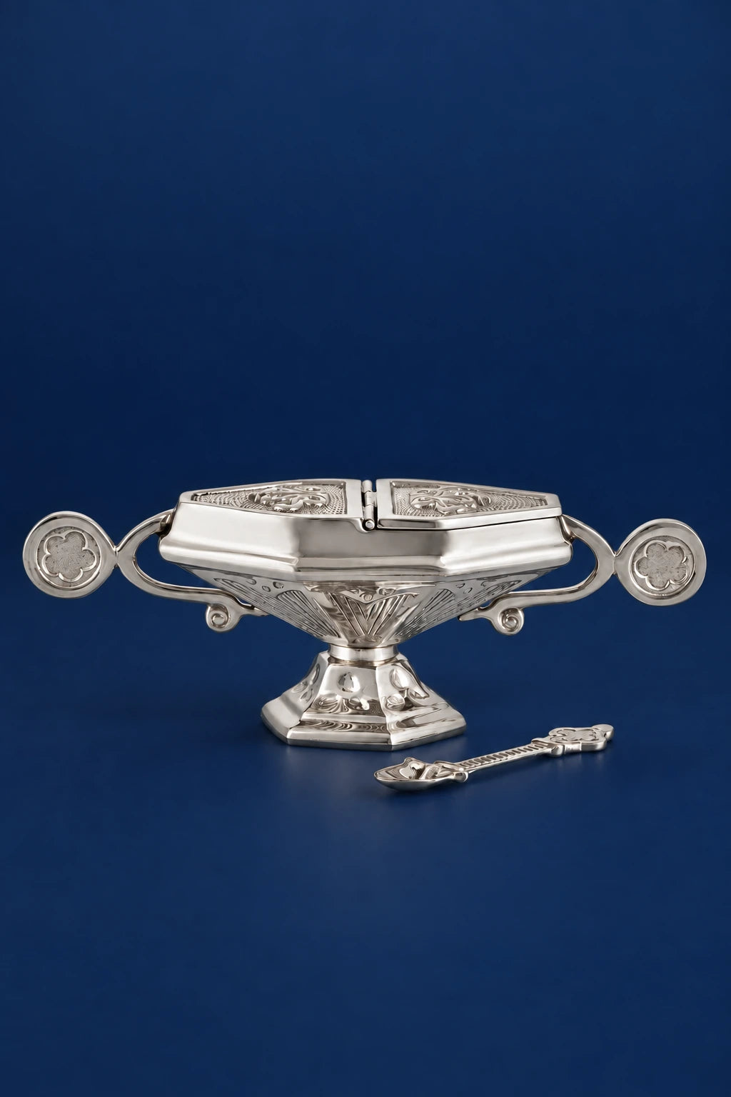 Nickel-Plated Brass Incense Boat with Spoon, front view with ornate engraved details
