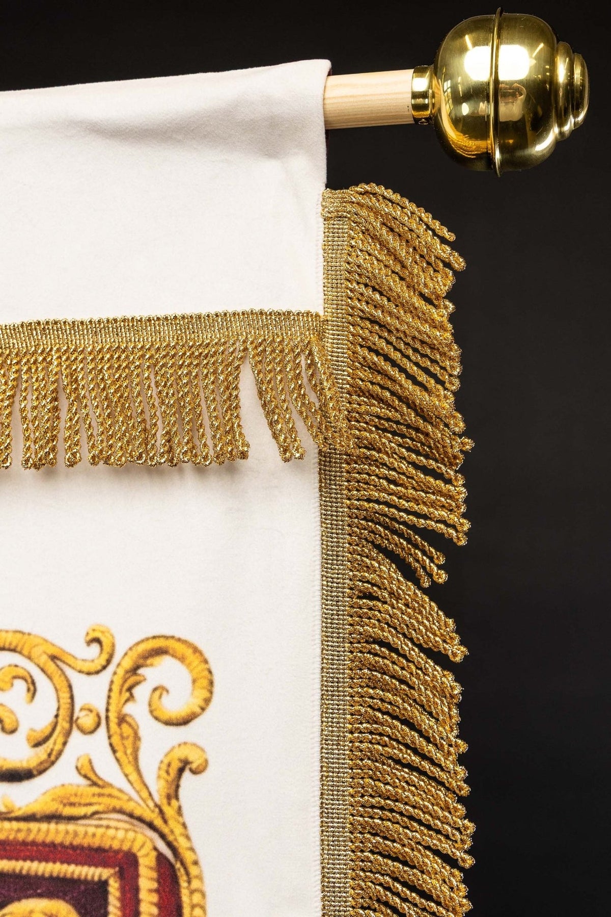 Double-Sided Printed Church Banner with Sacred Heart of Jesus and IHS, white fabric with gold fringe close-up