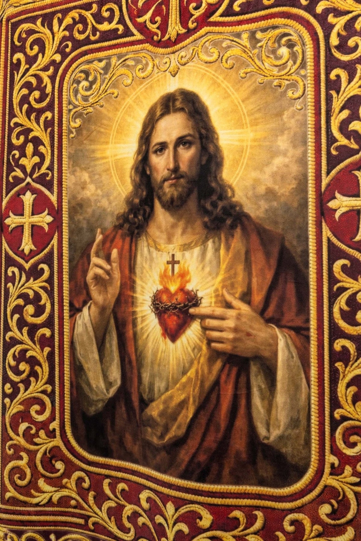 Church banner close-up showing the Sacred Heart of Jesus image and gold scrollwork