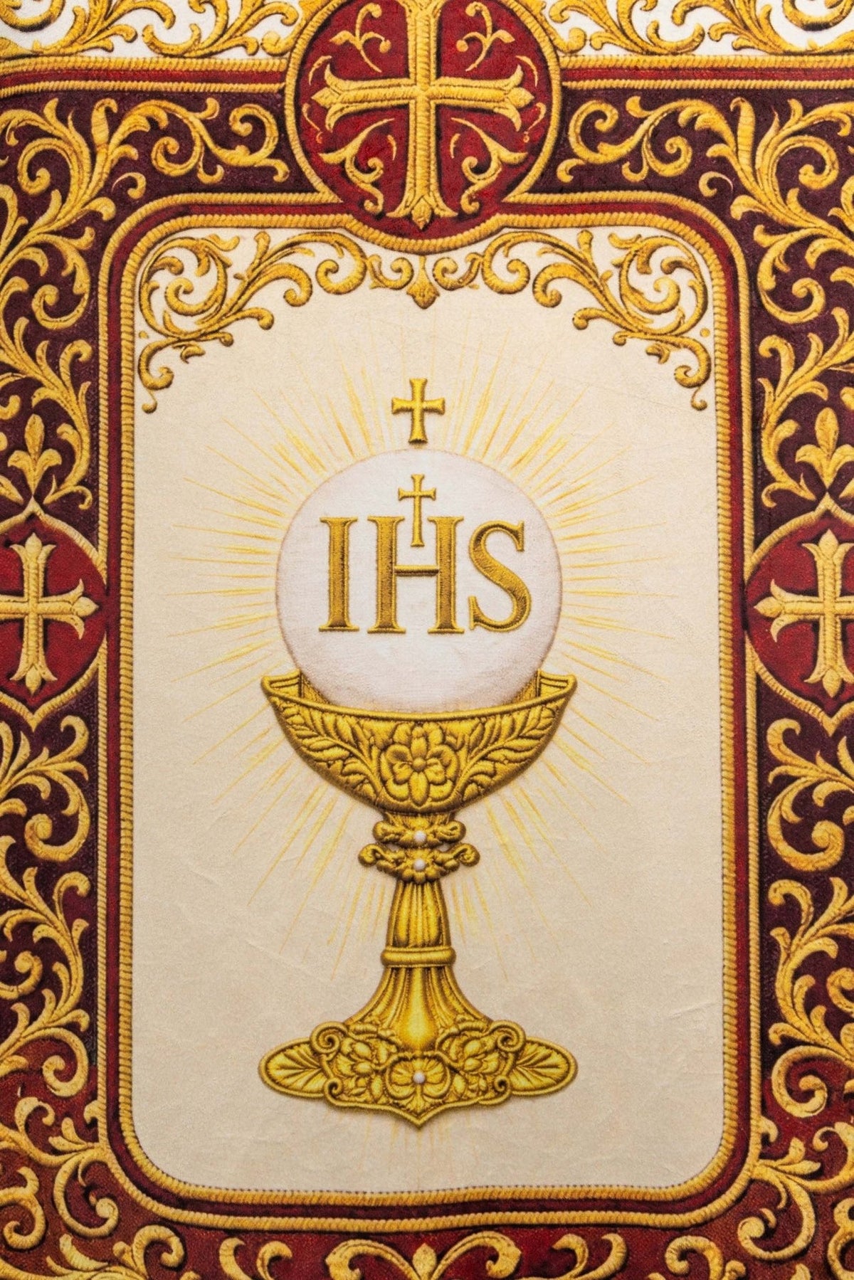 Church banner close-up of ornate gold border and fringe on the Sacred Heart side