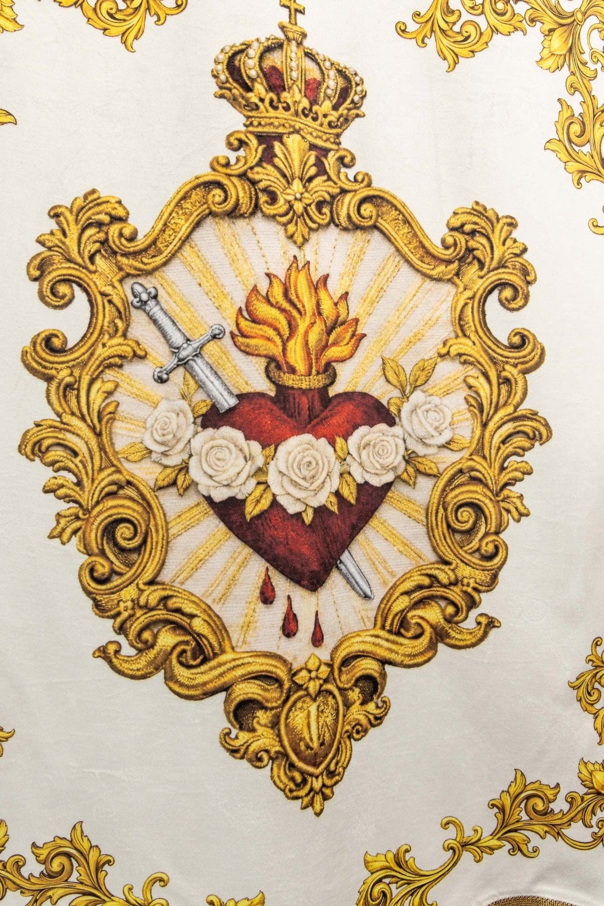 Immaculate Heart of Mary detail with crown, flame, roses and gold scrollwork