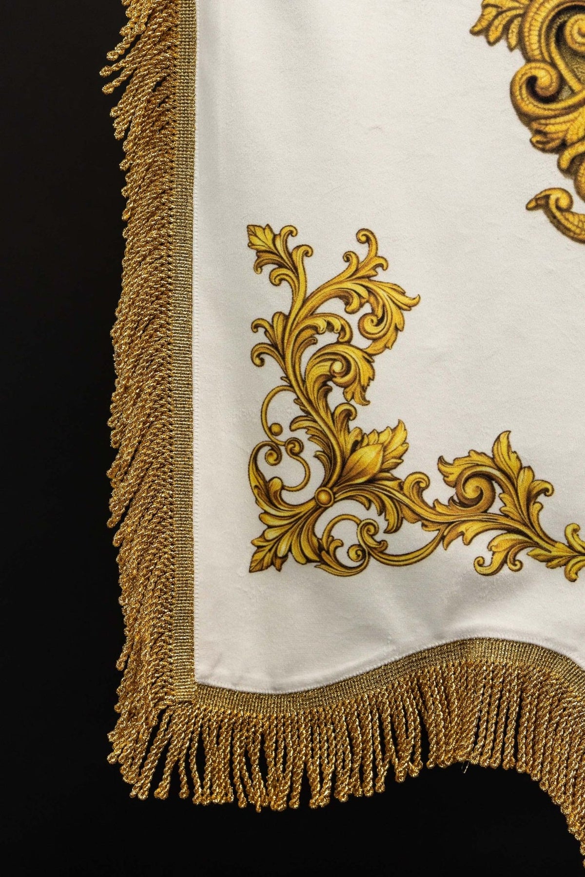Church banner white polyester fabric with gold ornamental corner and fringe