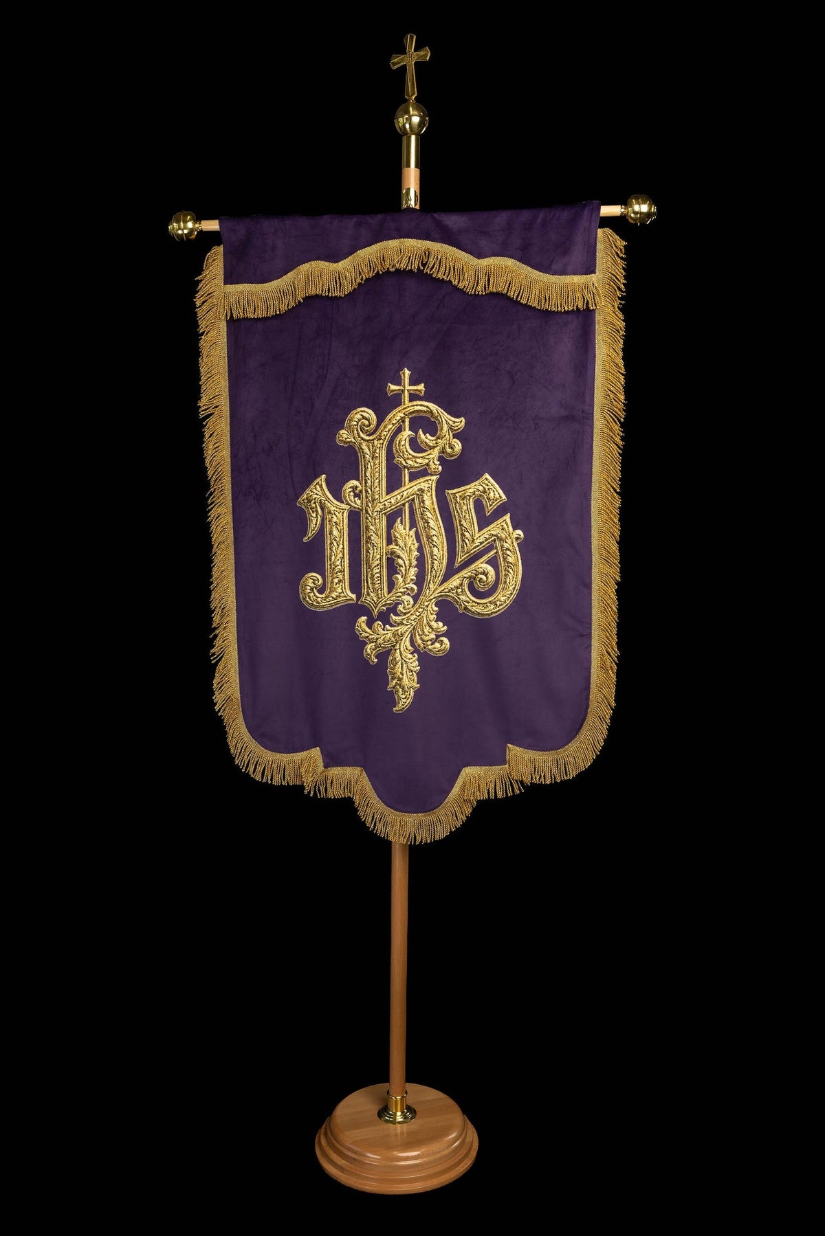 Double-Sided Printed Church Banner with IHS and Pax, purple, front view with gold fringe