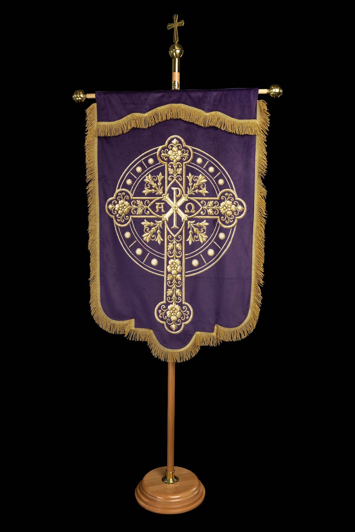 Purple church banner back with ornate gold cross, Alpha and Omega symbols