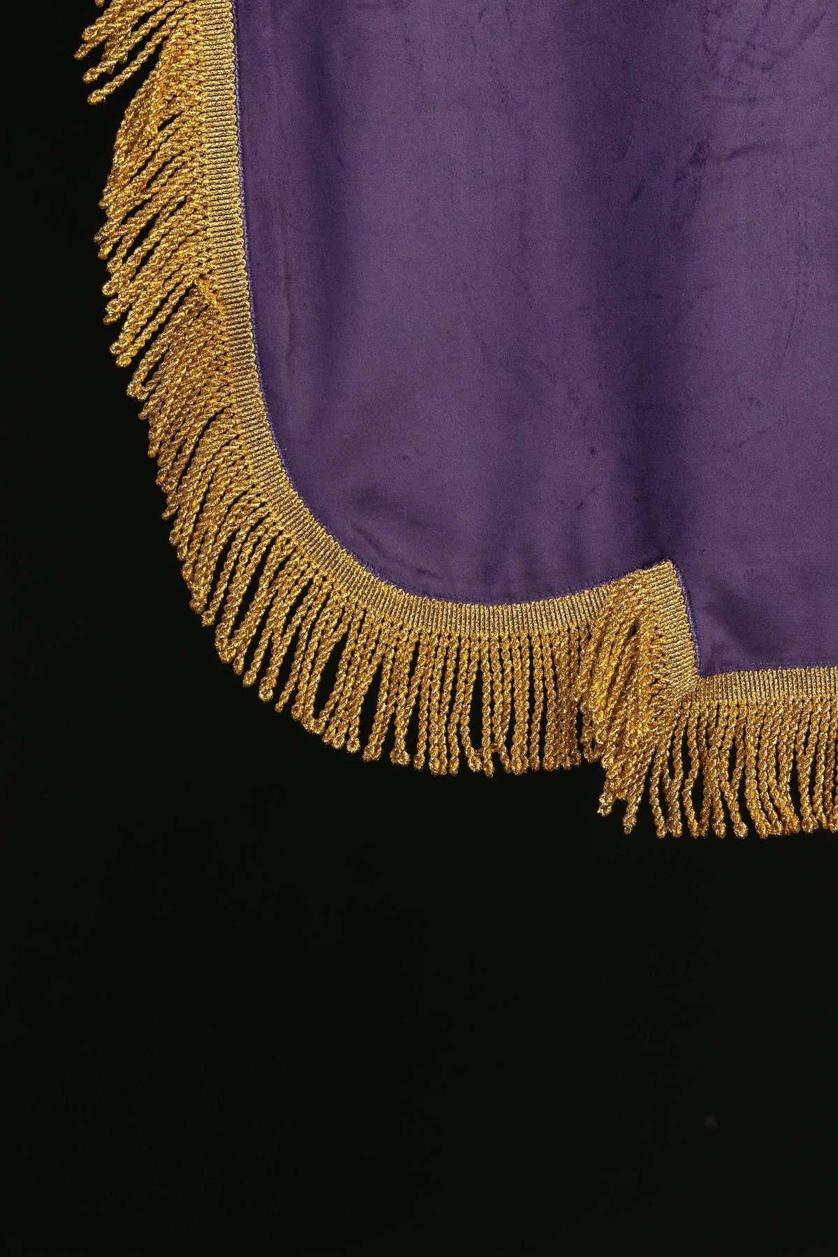 Church banner close-up showing gold fringe along the rounded lower edge