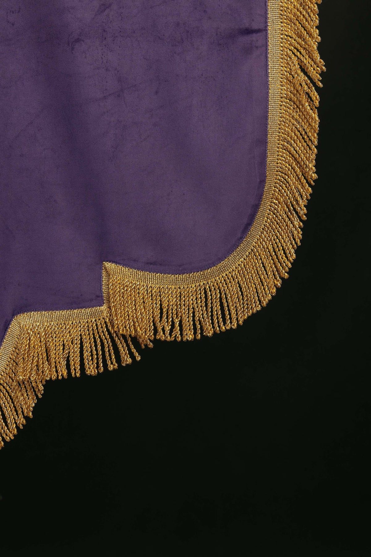 Church banner close-up showing gold fringe at a notched lower edge
