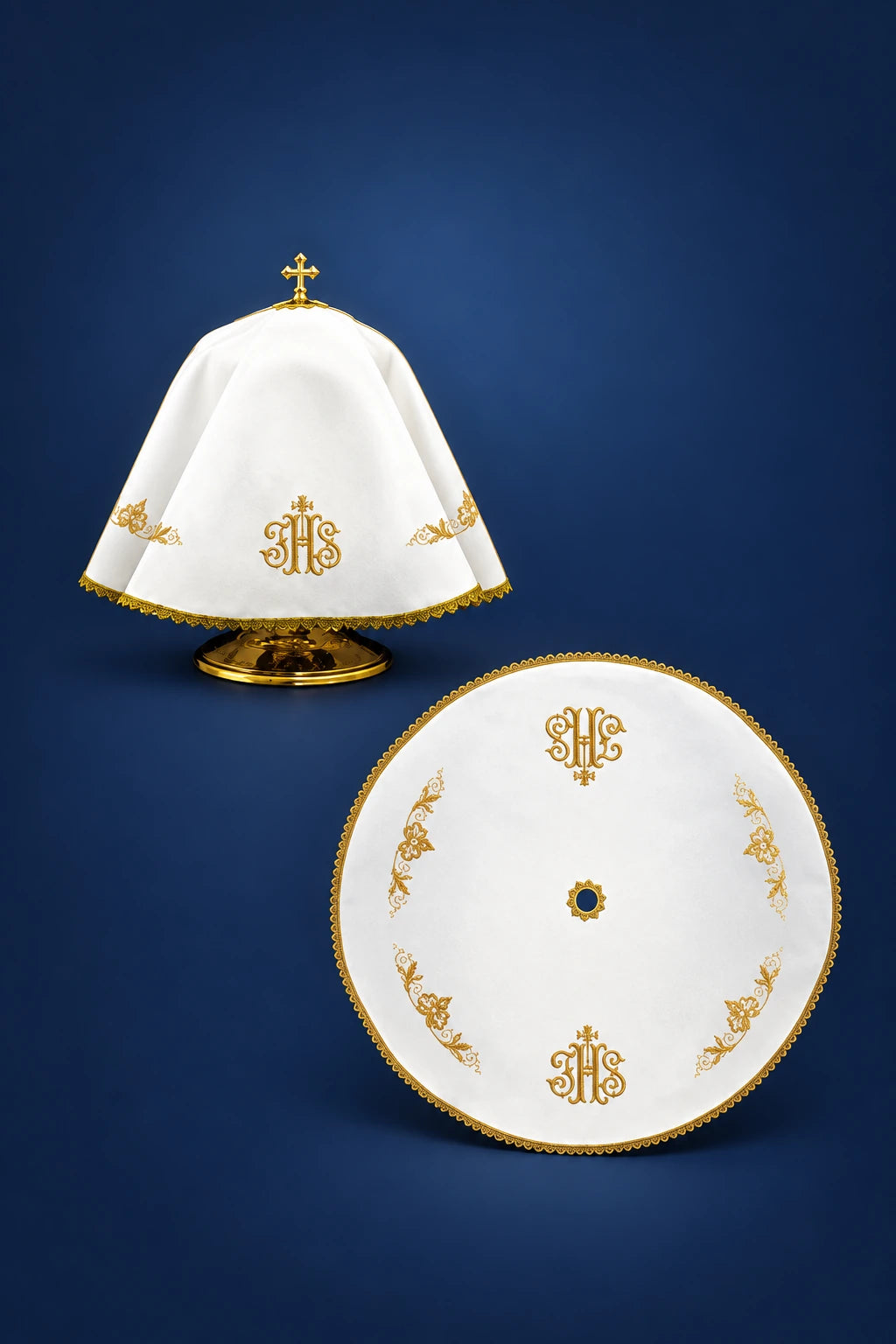 Ciborium veil with gold trim and IHS embroidery, shown draped over a ciborium and laid flat