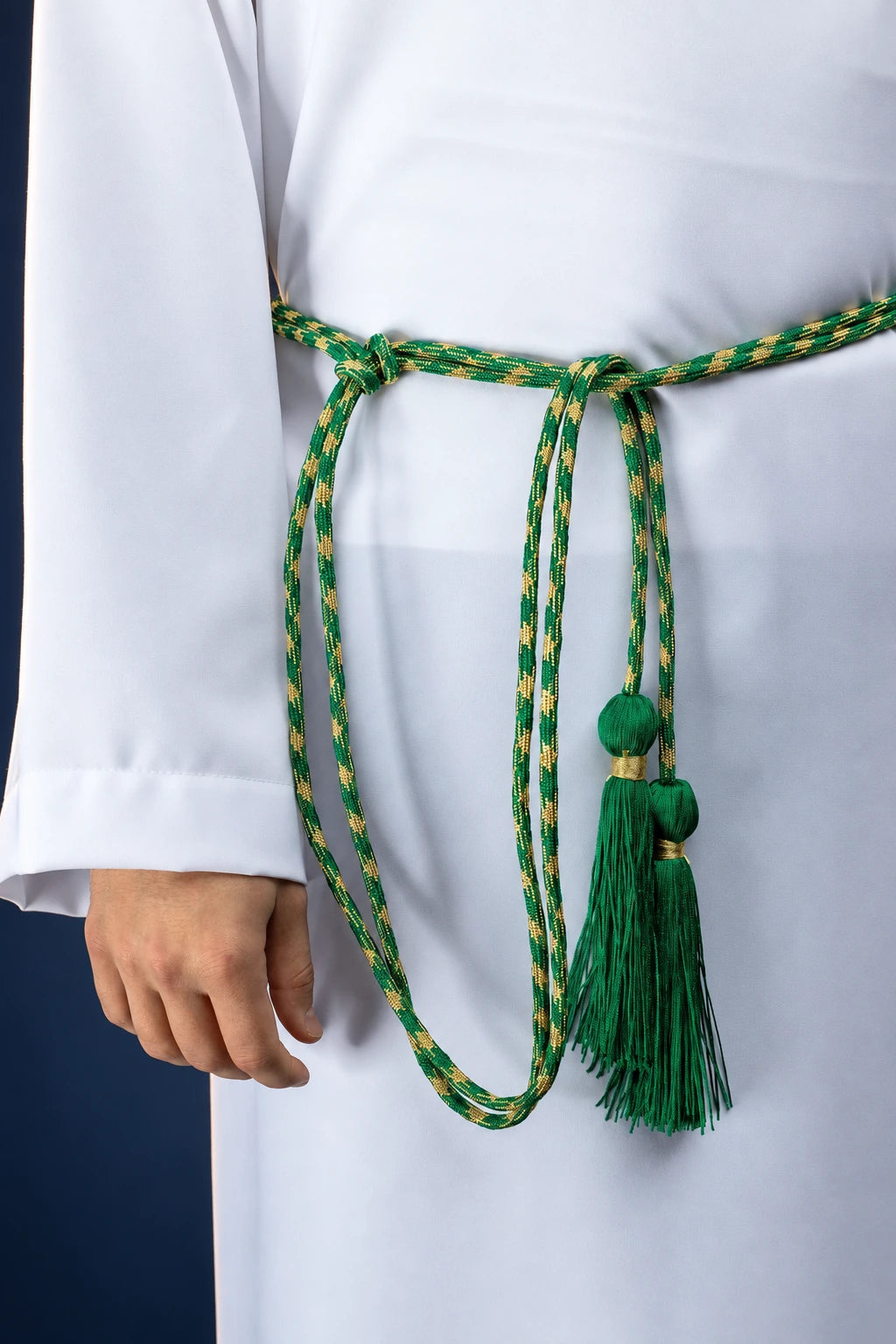 Green and Gold Liturgical Cincture worn at the waist, with patterned cord and green tassels