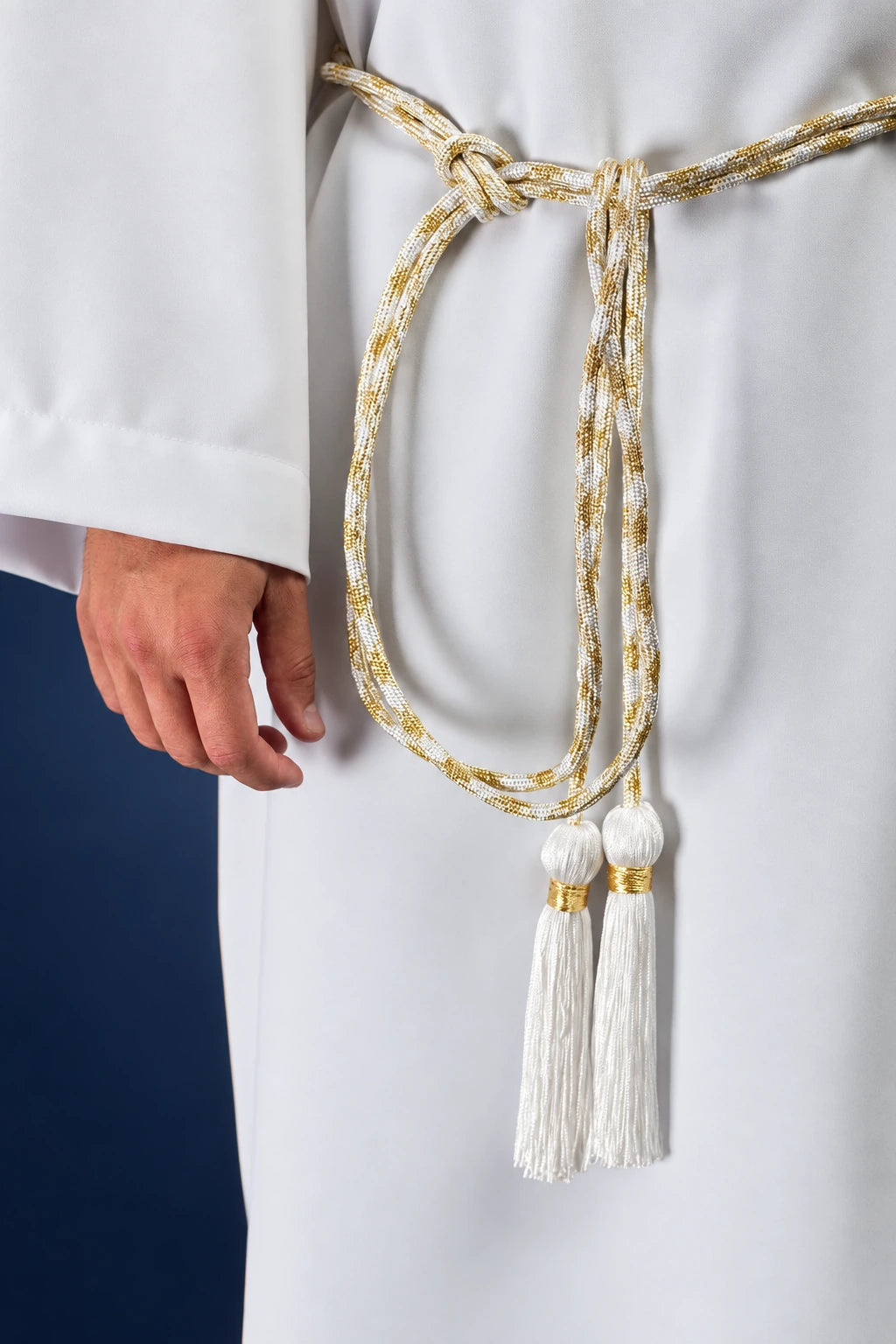 White and Gold Liturgical Cincture worn with white braided cord and twin tassels