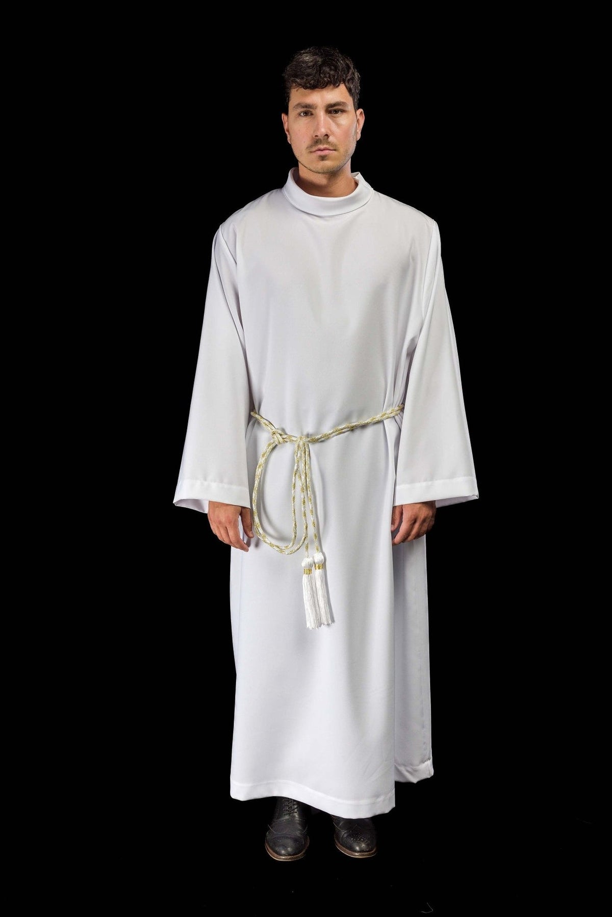 White and Gold Liturgical Cincture worn over a white alb