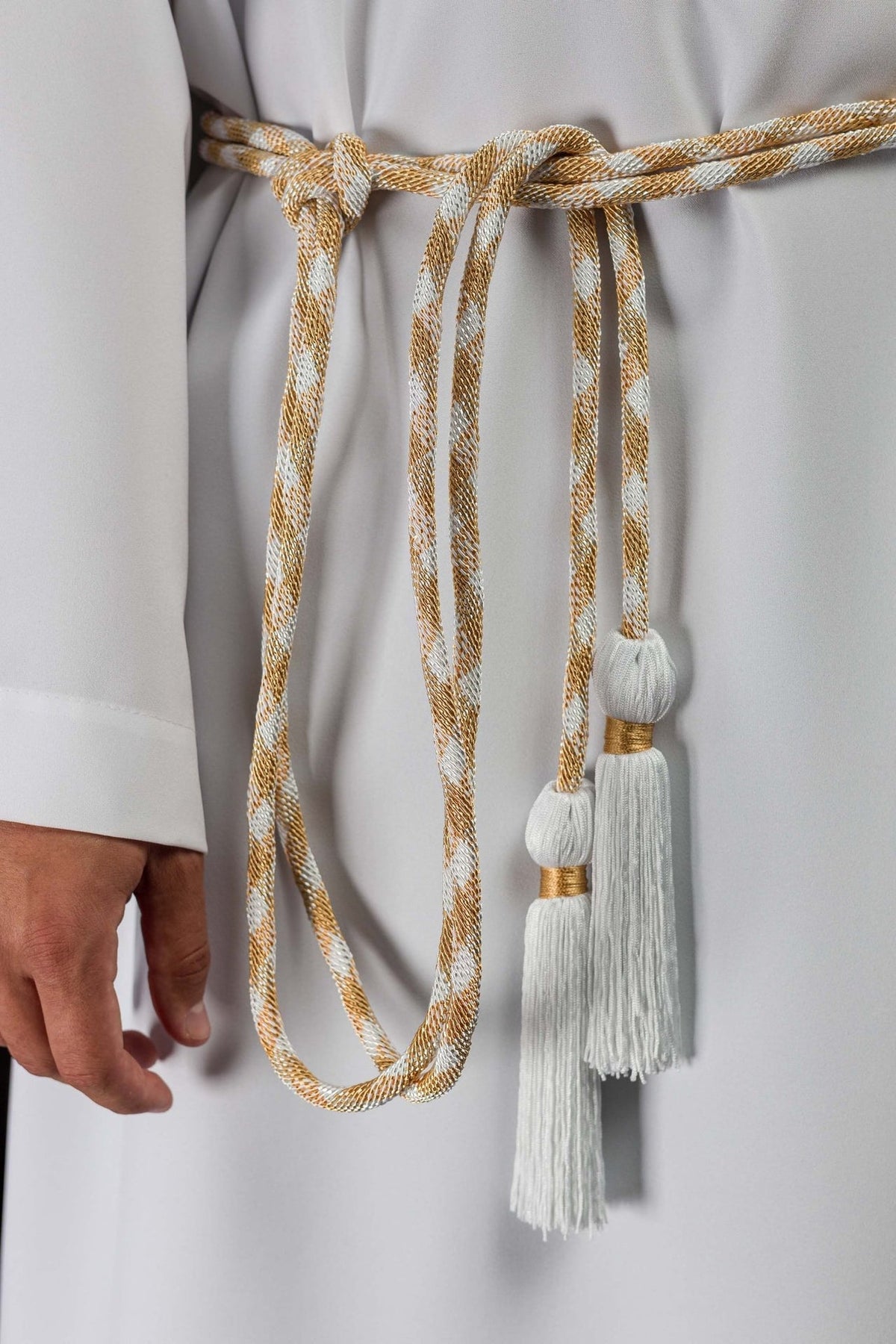 Premium White and Gold Liturgical Cincture worn with white and gold braiding and white tassels