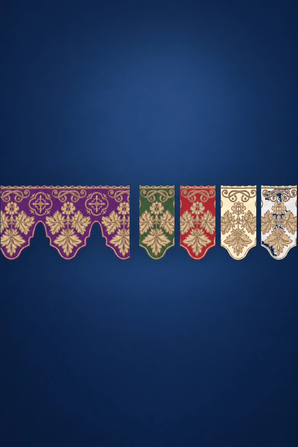 Close-up of altar lace trim by the meter with scalloped cross embroidery in purple, green, red, ivory and gold