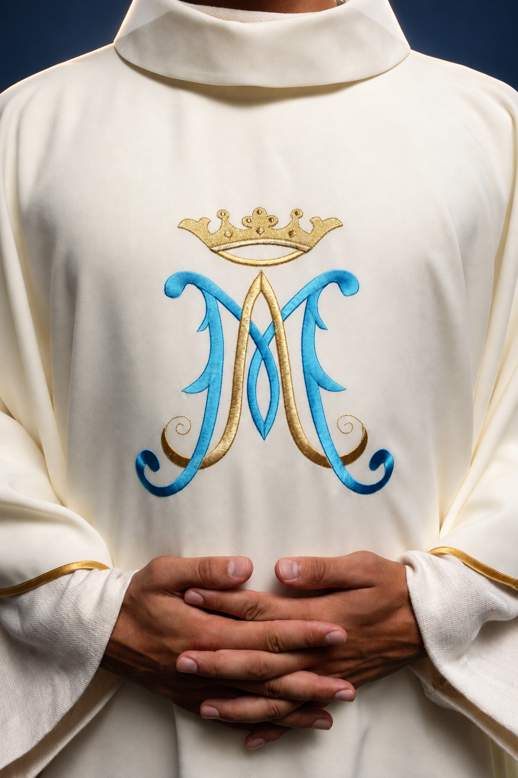 Chasuble in Ecru with Blue and Gold Crowned Marian Monogram and Gold Edging