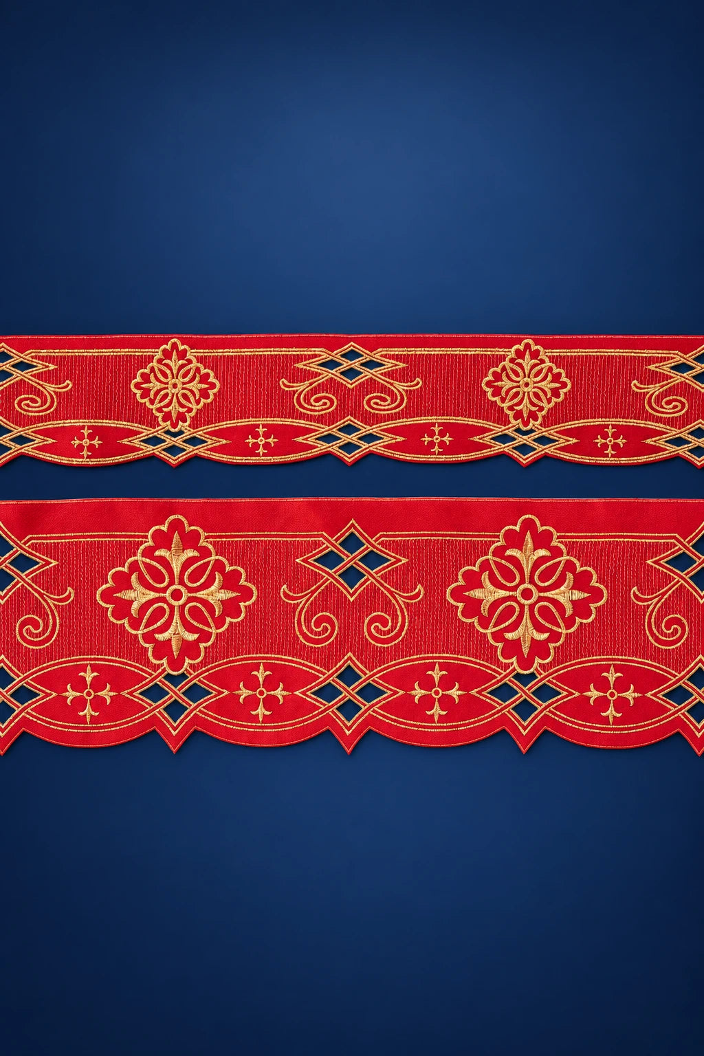 Close-up of red altar lace with rosette and Baratto-style gold embroidery and scalloped edge