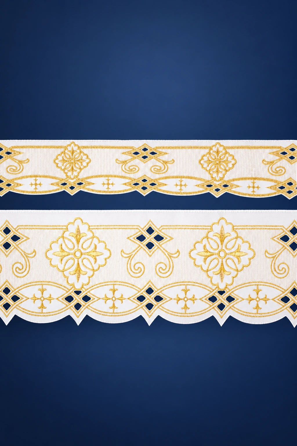 Close-up of white altar lace with gold rosette and Baratto-style embroidery, scalloped edge