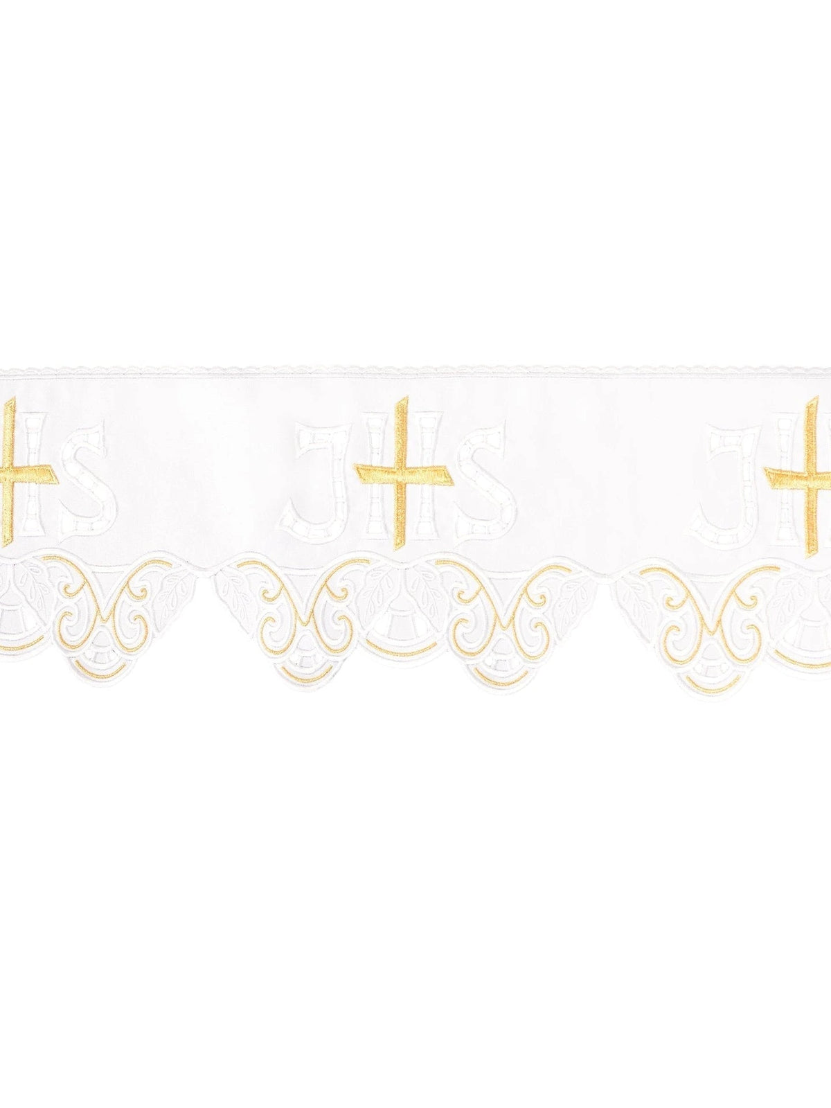 Close-up of white altar lace trim with repeated IHS crosses and gold-and-blue scalloped embroidery