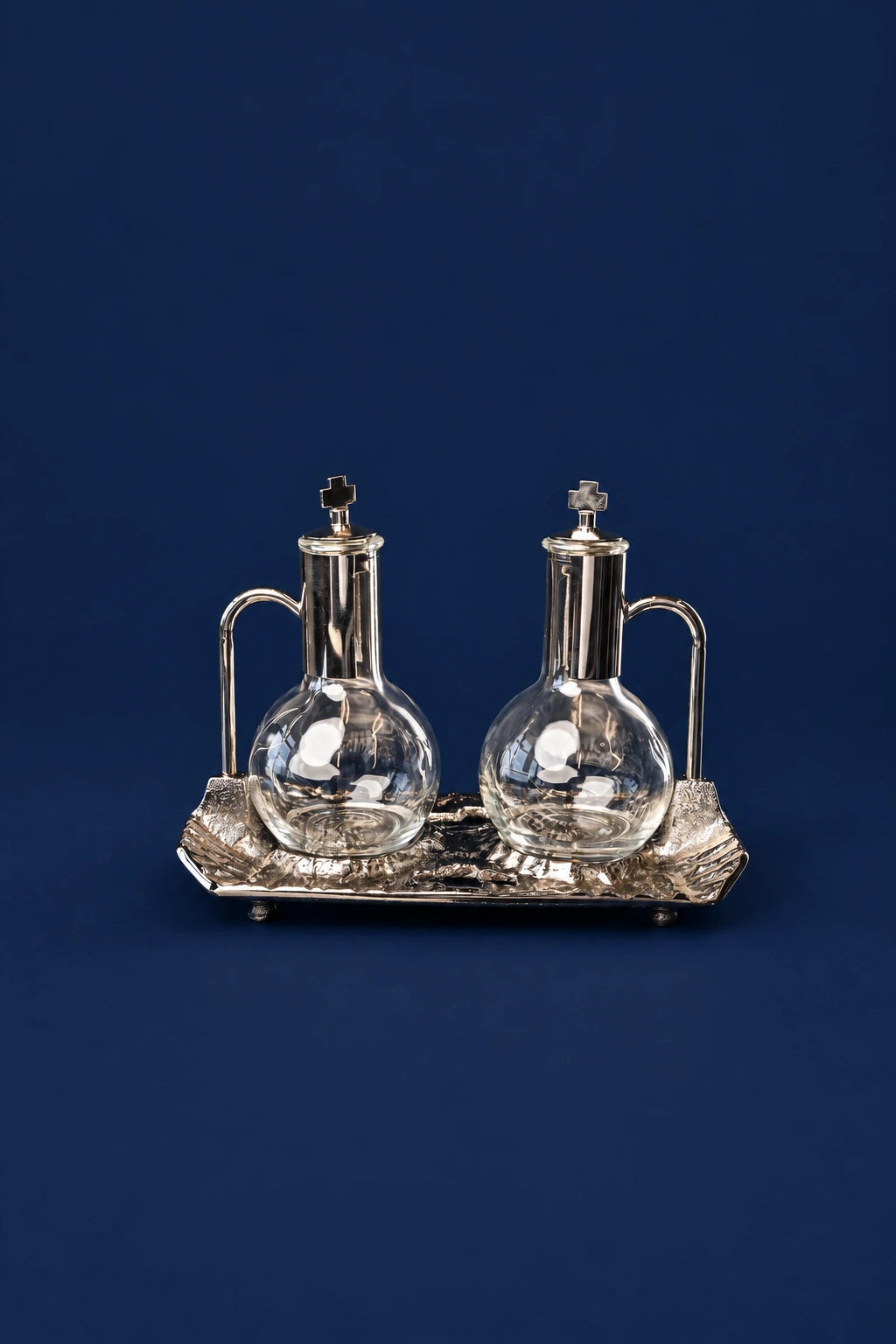 Liturgical Cruets for Wine and Water with Nickel-Plated Tray, front view with two glass cruets