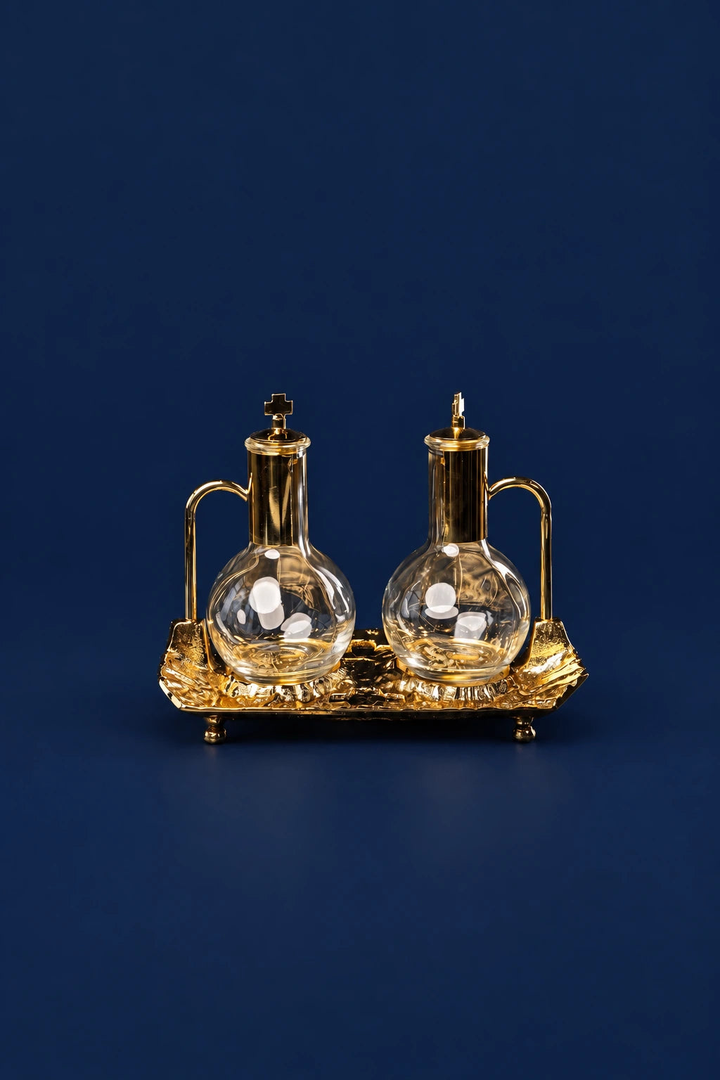 Liturgical Cruet Set for Wine and Water with Gold-Plated Tray, front view with glass cruets and cross finials