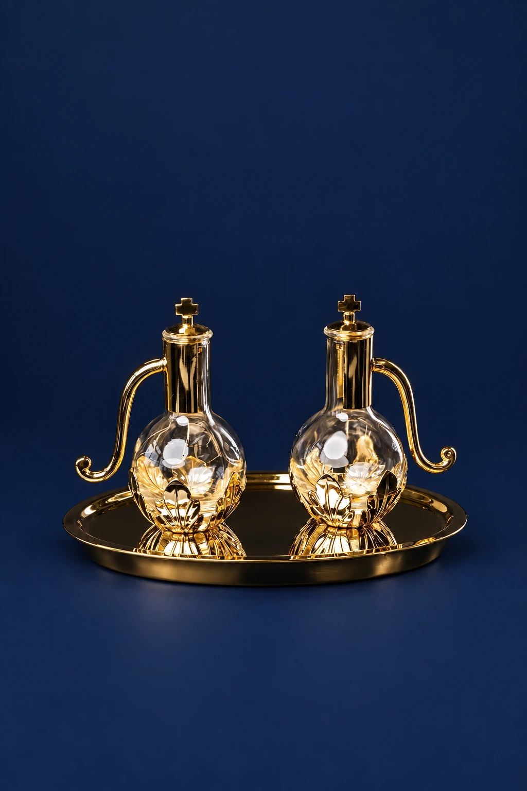 Liturgical Cruet Set for Wine and Water with Gold-Plated Brass Tray, front view