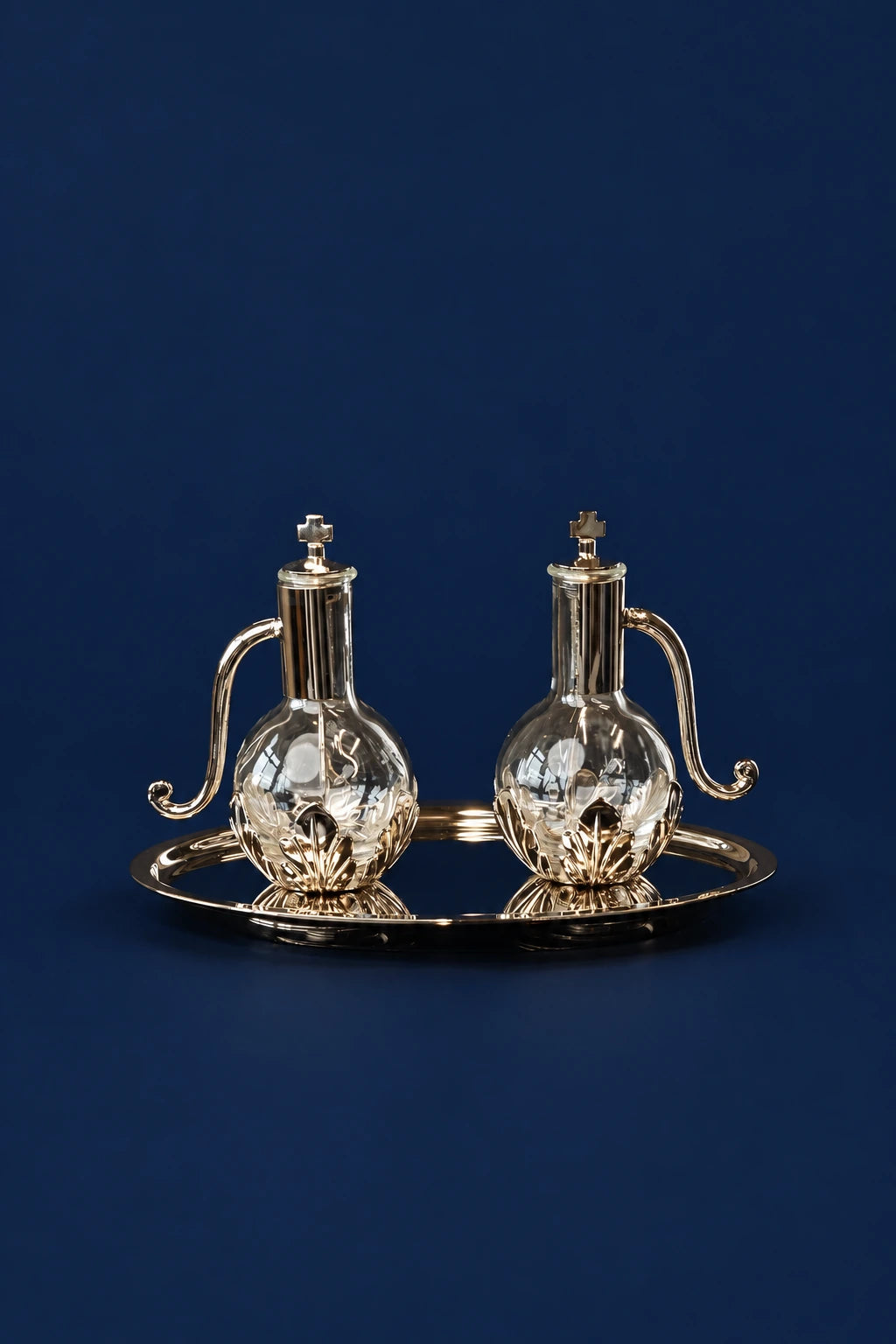 Liturgical Cruets for Wine and Water with Silver-Plated Metal Tray, front view