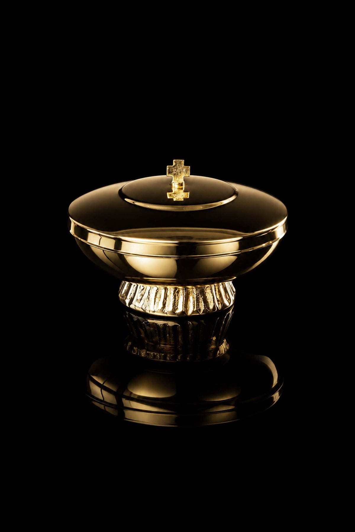 Gold-plated brass ciborium, full front view with cross finial and fluted pedestal