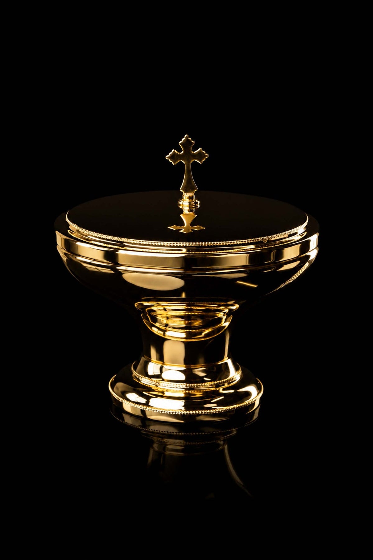 Gold-Plated Brass Ciborium, 6 in (15 cm), front view with cross finial and beaded rim