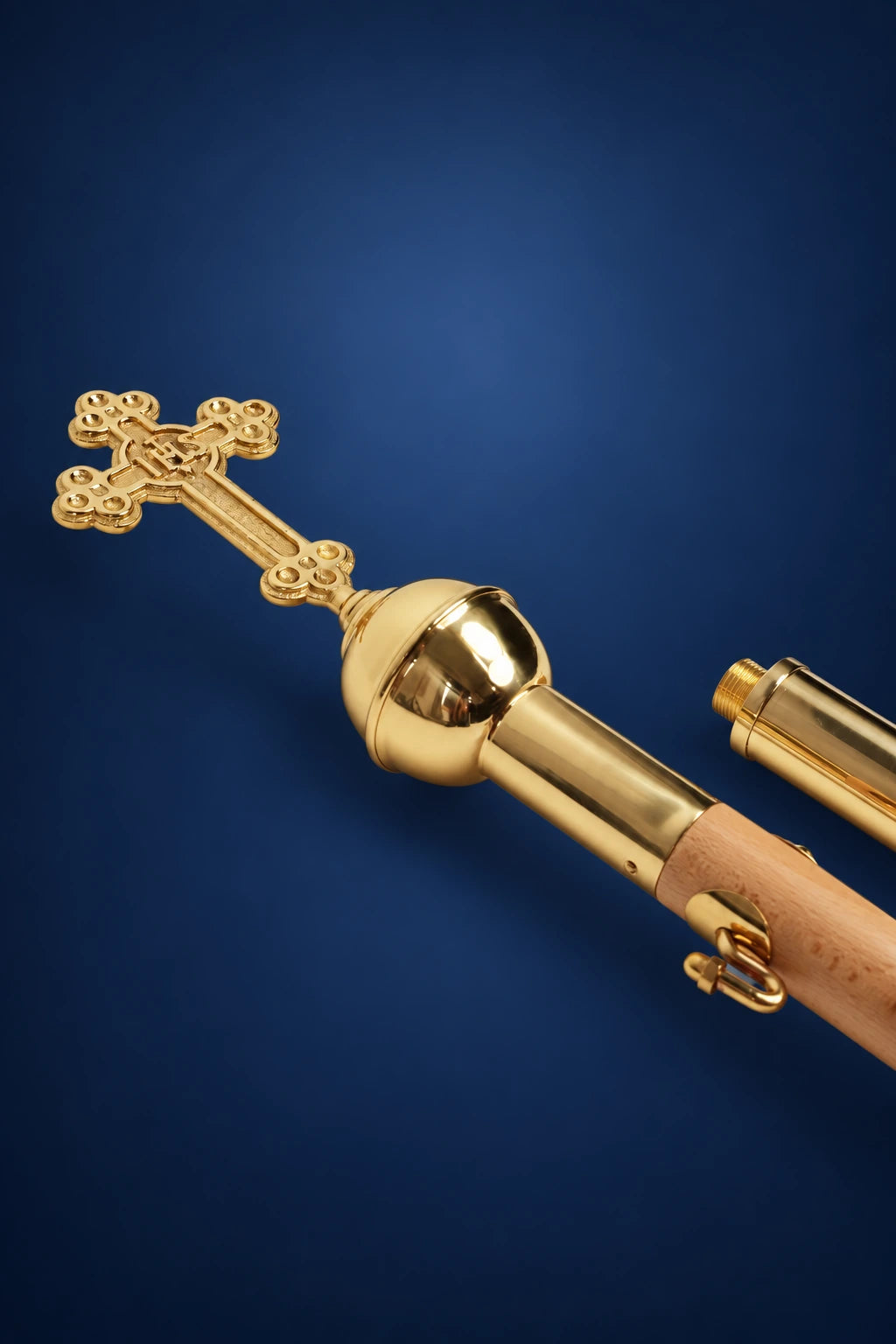 Light Wood Canopy Poles, 86.5 in (220 cm), close-up of light wood pole with gold cross finial
