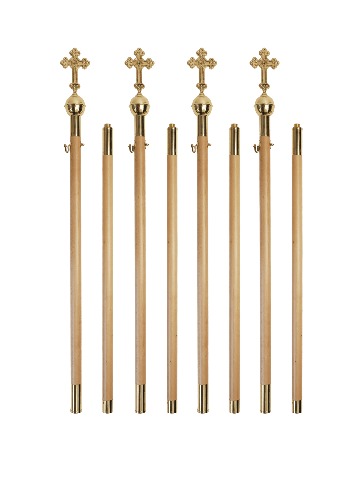 Light wood canopy poles with gold cross finials and metal fittings, arranged as assembled and separate sections