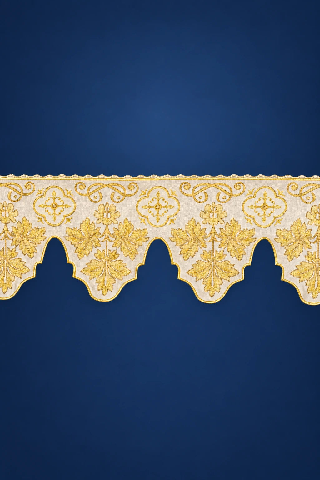 Ecru altar lace trim with cross and leaf embroidery, scalloped border detail