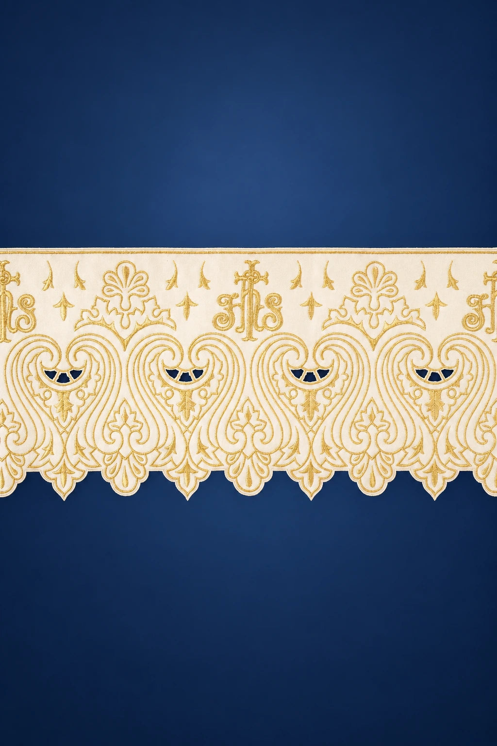 Ecru altar lace trim with IHS embroidery and pointed scalloped edge, front view
