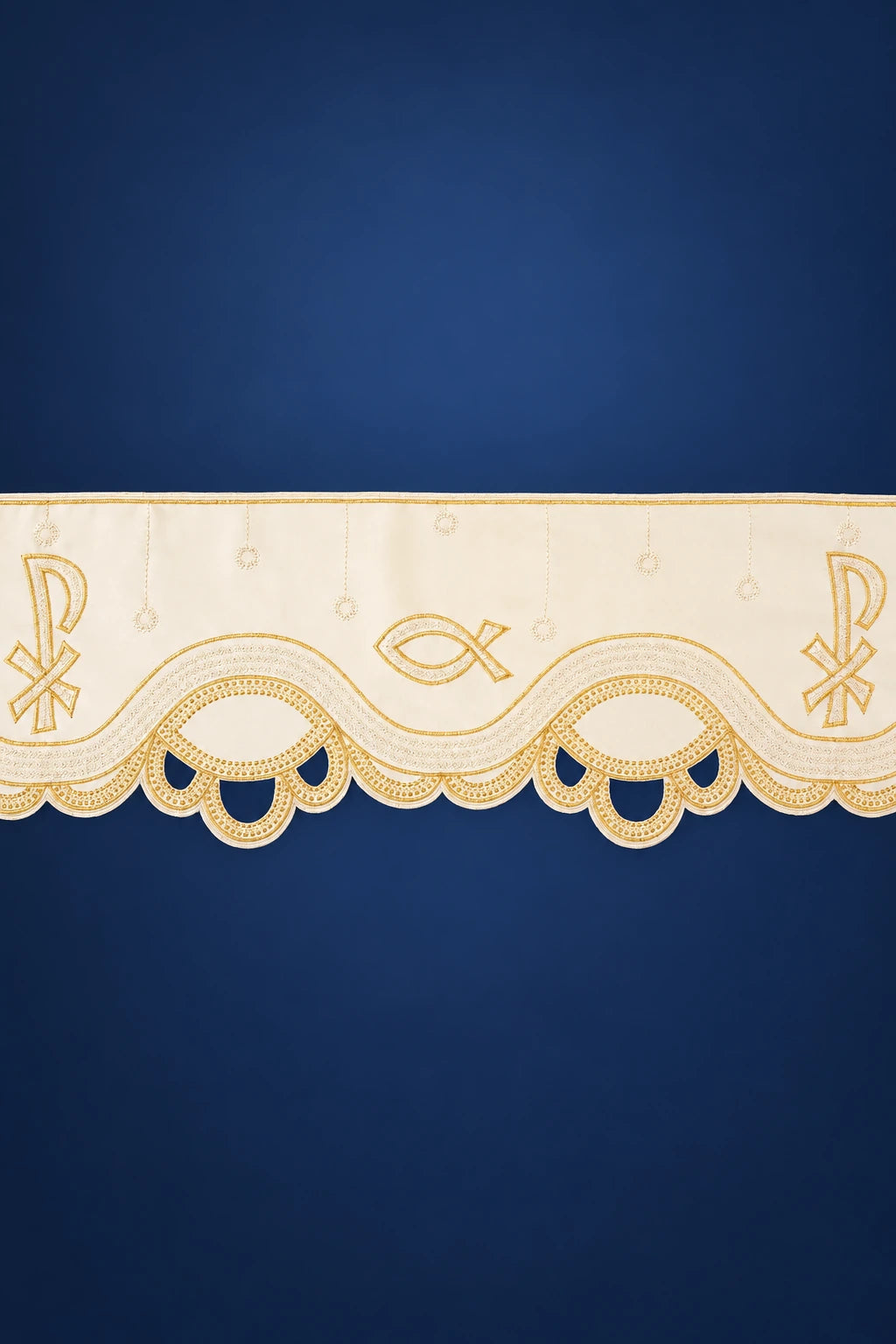 Ecru altar lace trim with PAX and fish motifs and scalloped edge, for sewing onto a tablecloth