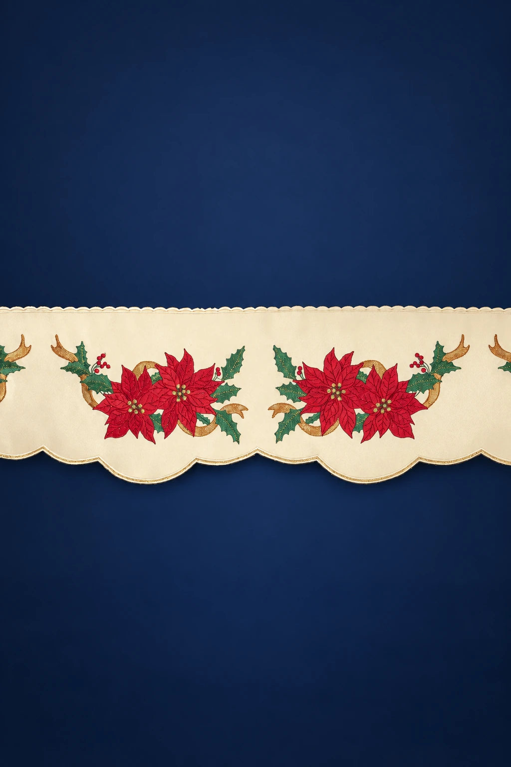 Ecru altar lace trim with scalloped edge and red Bethlehem star embroidery