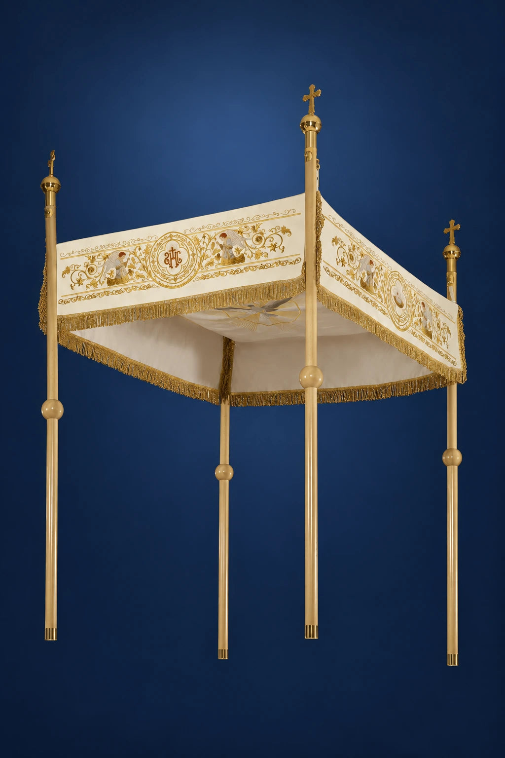 Ecru processional canopy with gold embroidered border and four poles, shown open in three-quarter view