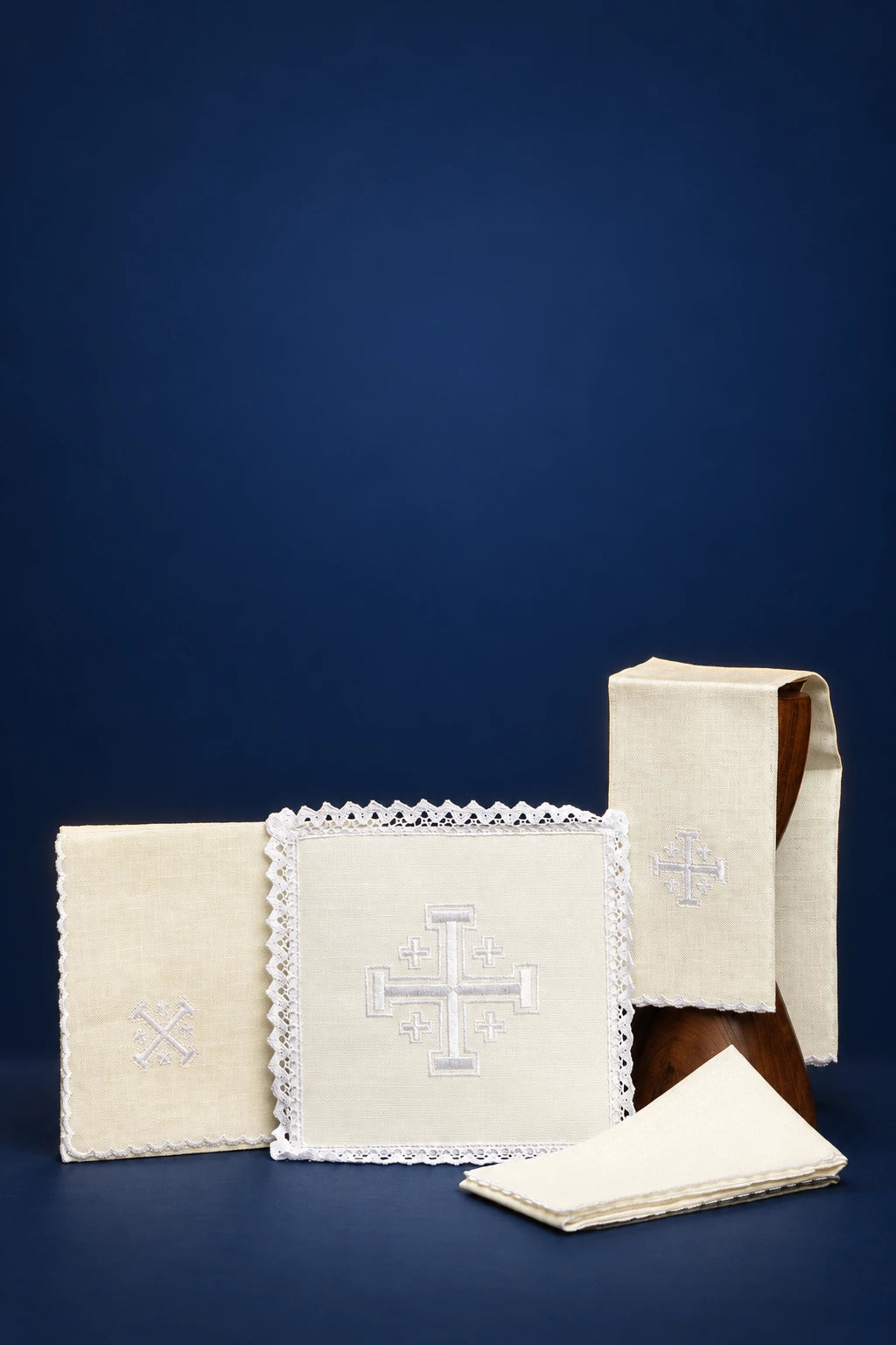 Embroidered linen altar linen set with Jerusalem cross, folded and laid out