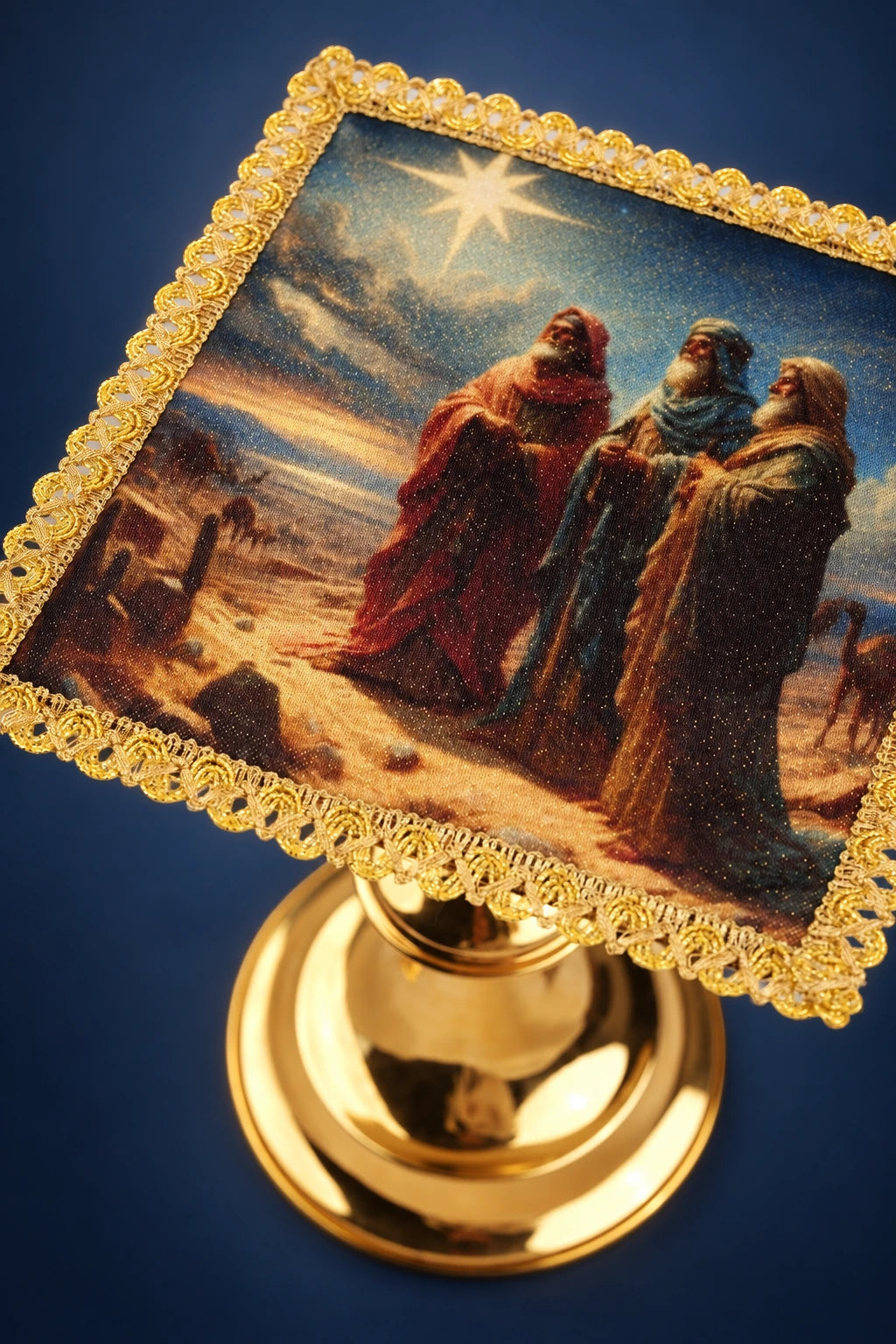 Epiphany chalice pall with gold lace trim and the Three Kings under a star