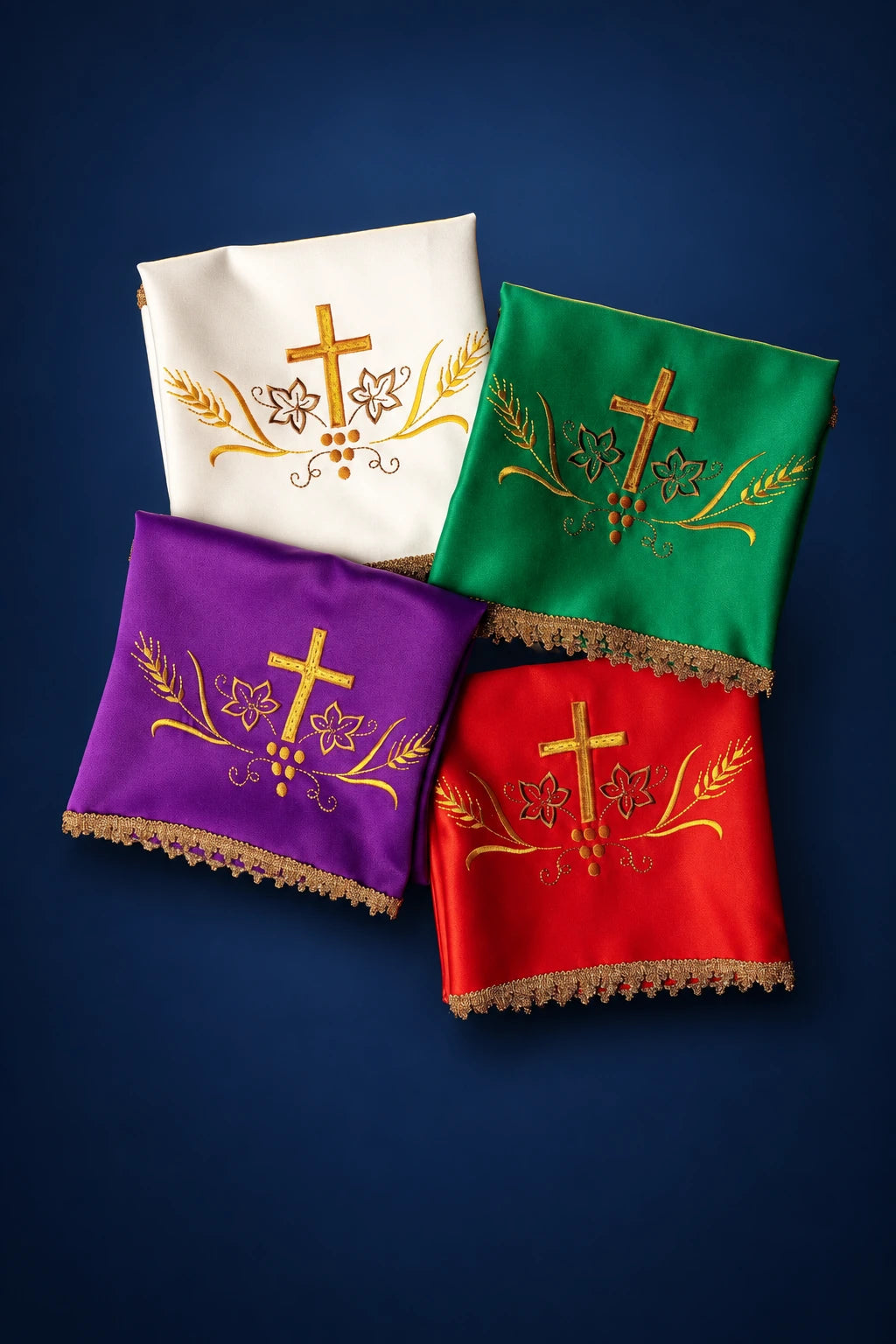 Four chalice veils in white, green, purple, and red with gold embroidered cross and wheat-and-grape motif.