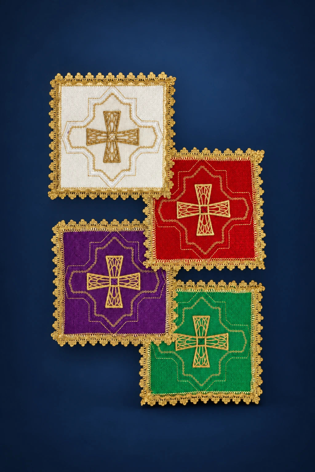 Four embroidered chalice palls with gold cross motifs in white, red, purple, and green